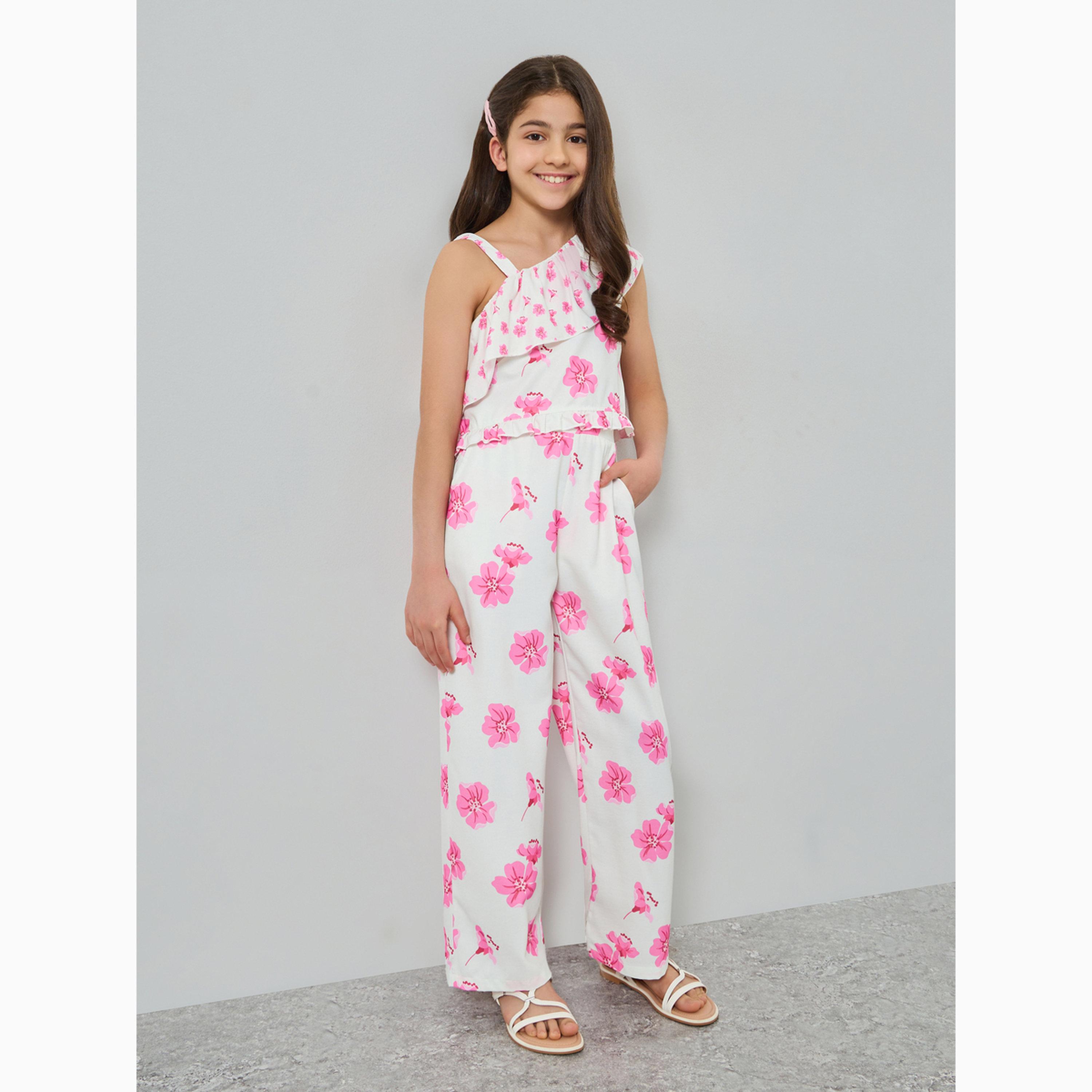 Styli Girls Floral Printed Asymmetric Neck Top and Pants Set-girls-clothing-setsandcoords-image-1