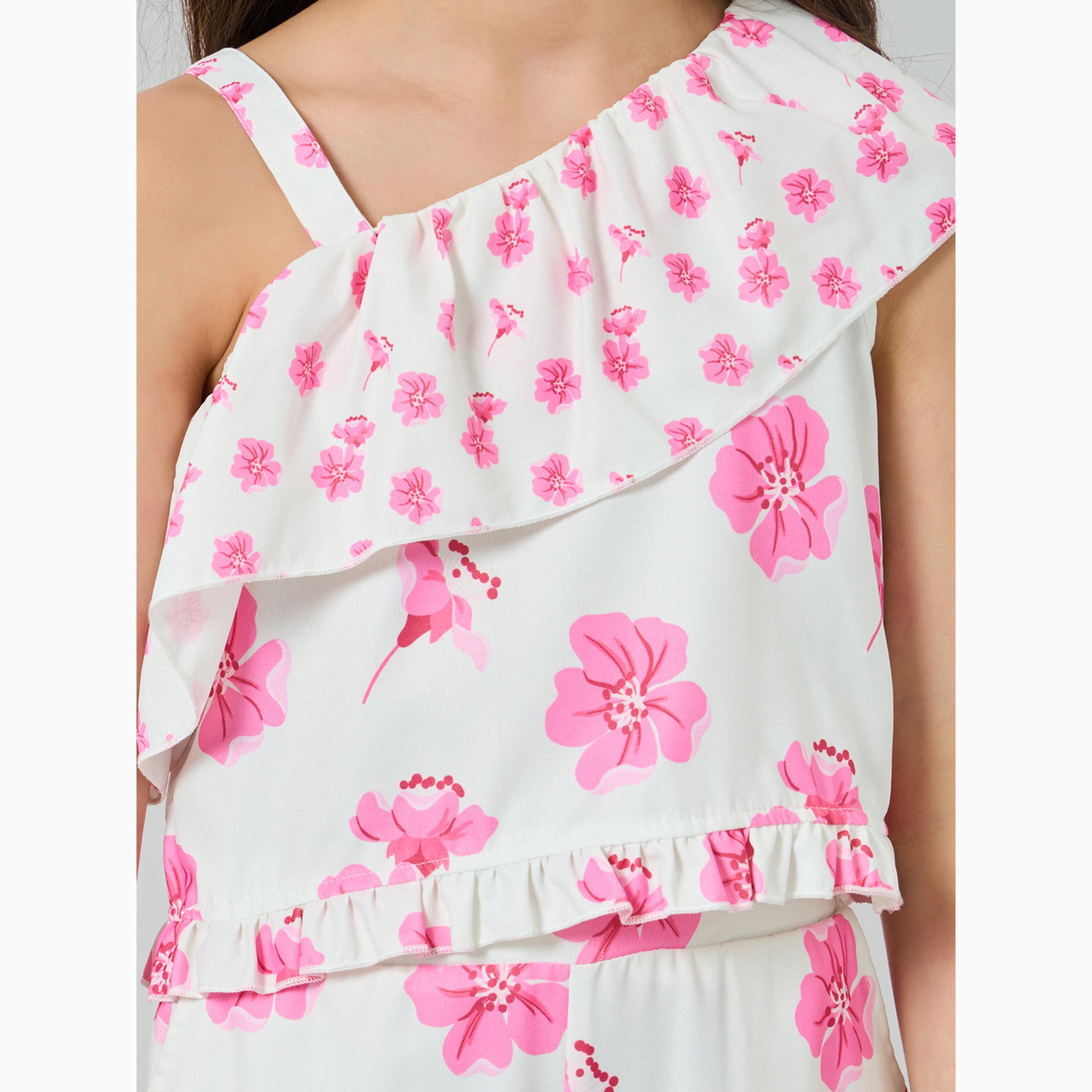 Styli Girls Floral Printed Asymmetric Neck Top and Pants Set-girls-clothing-setsandcoords-image-3