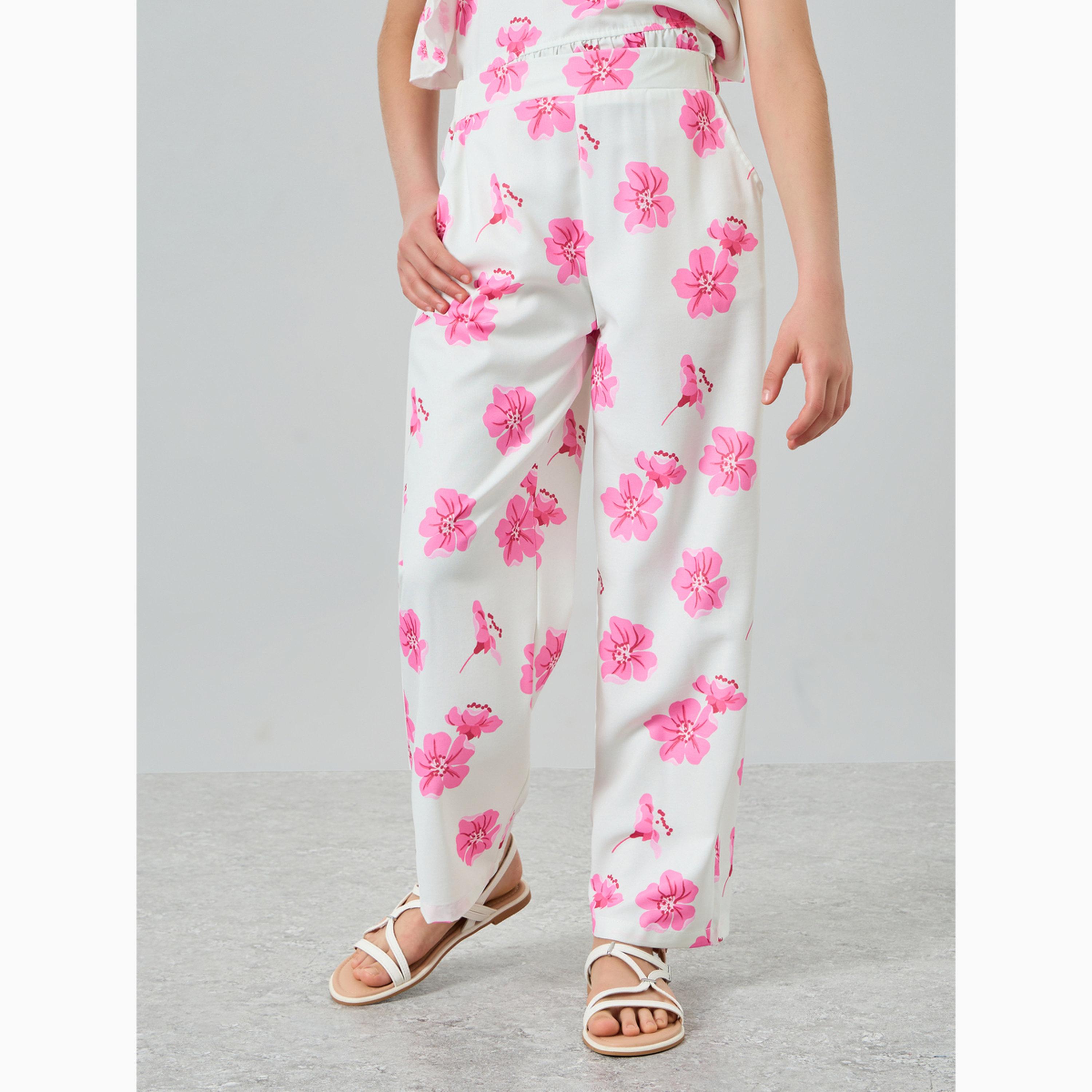 مجموعة من بنطال وبلوزة بياقة غير متماثلة وطبعة زهور للفتيات-girls-clothing-setsandcoords-image-4