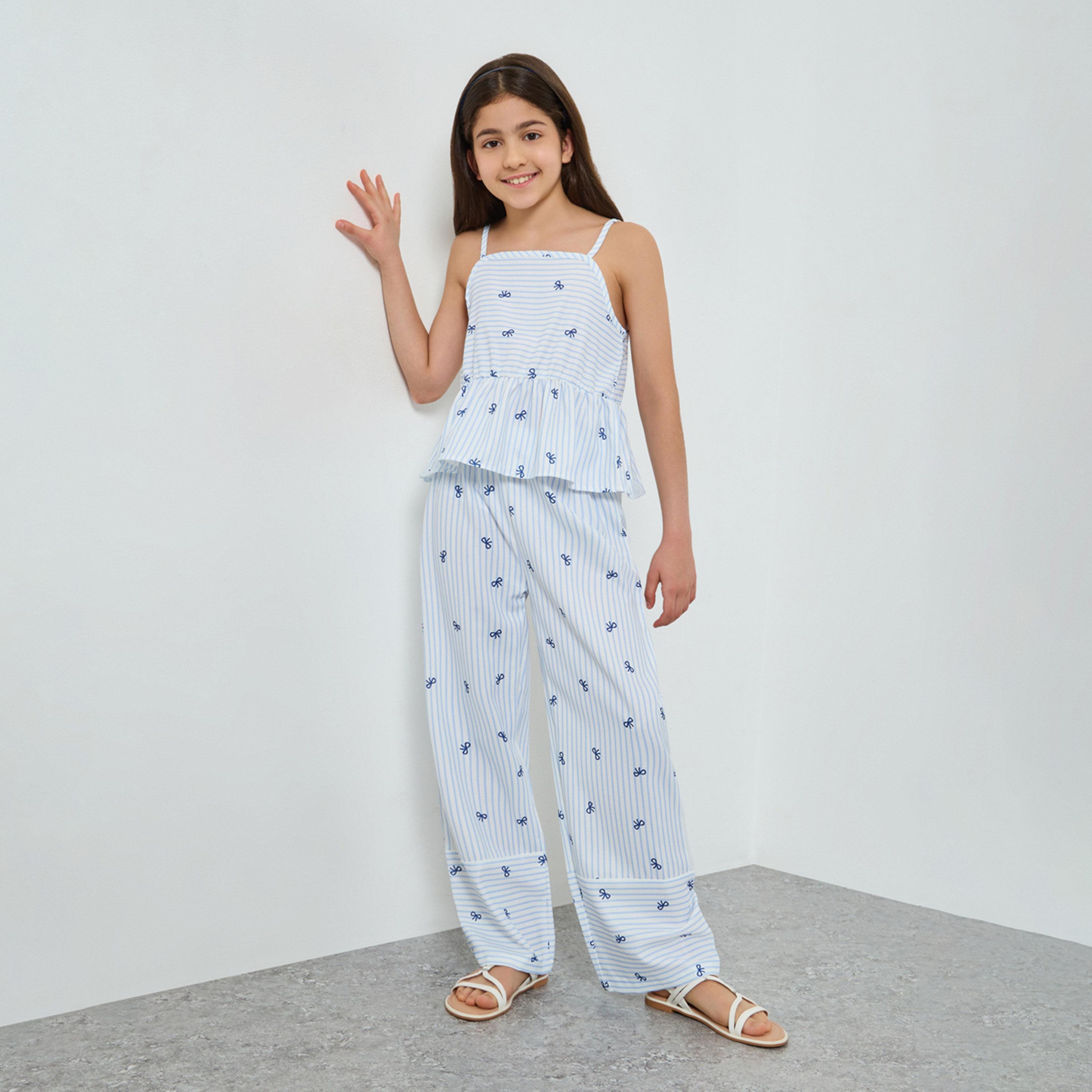 مجموعة من بنطال وبلوزة حمالات مطبعة بالكامل بنمط فيونكة للفتيات-girls-clothing-setsandcoords-image-1