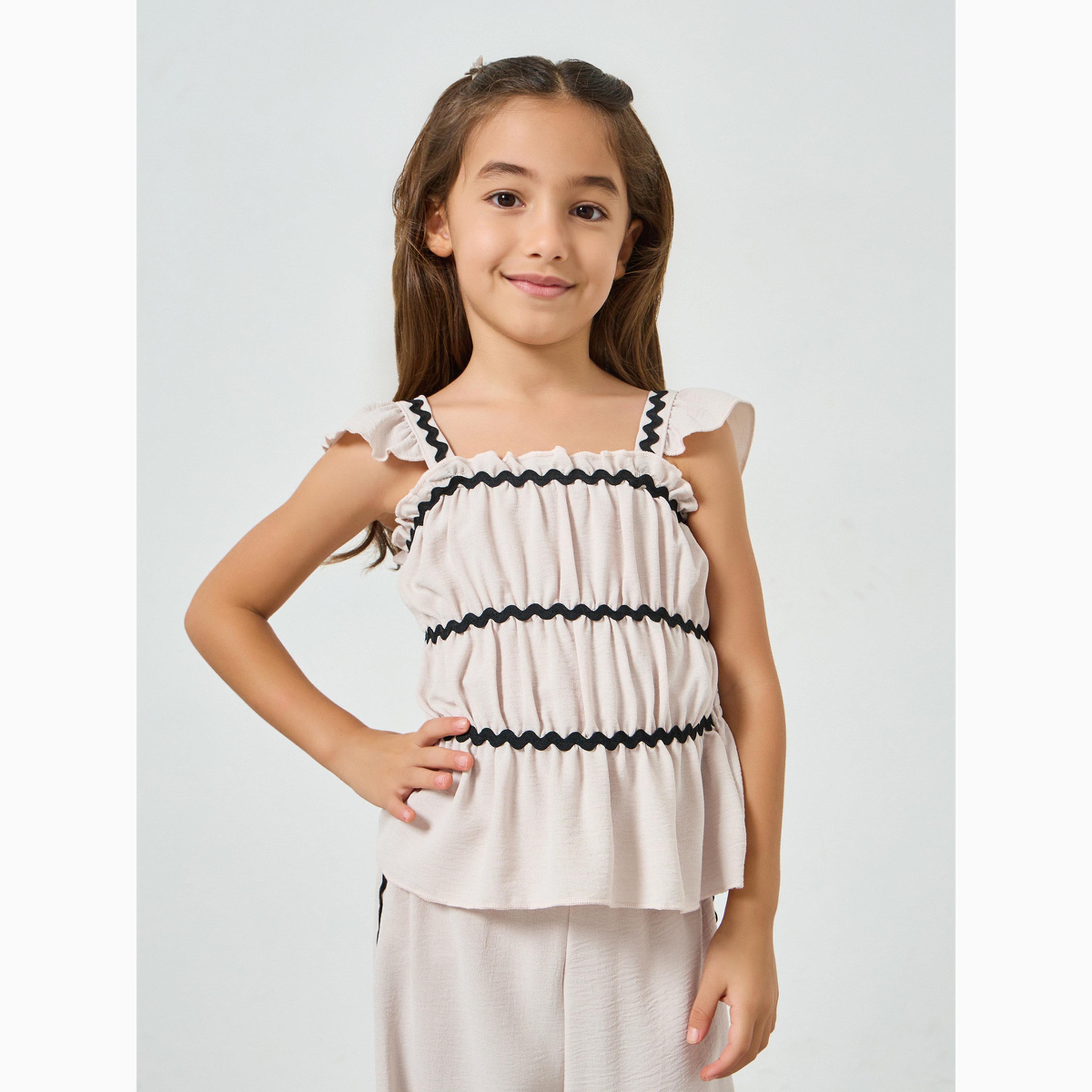 مجموعة من بنطال وبلوزة مزمومة وتفاصيل دانتيل زيج زاج للفتيات-girls-clothing-setsandcoords-image-2