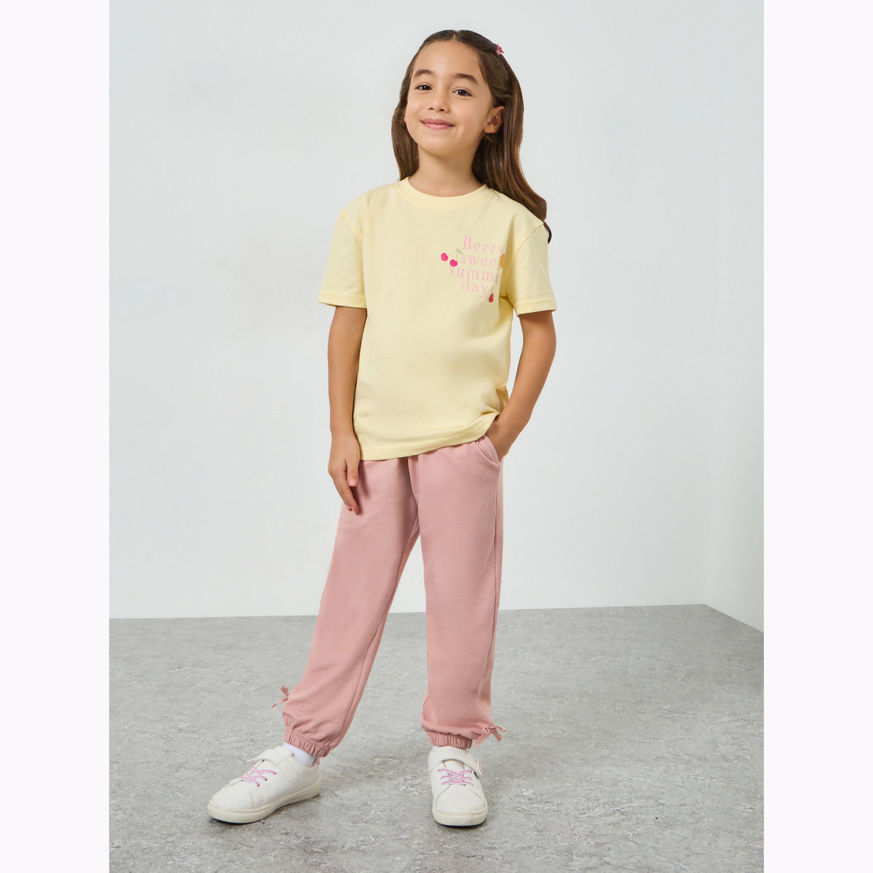 Styli Girls Elasticated Hem Joggers with Bow Applique-girls-clothing-bottoms-joggersandtrackpants-image-2