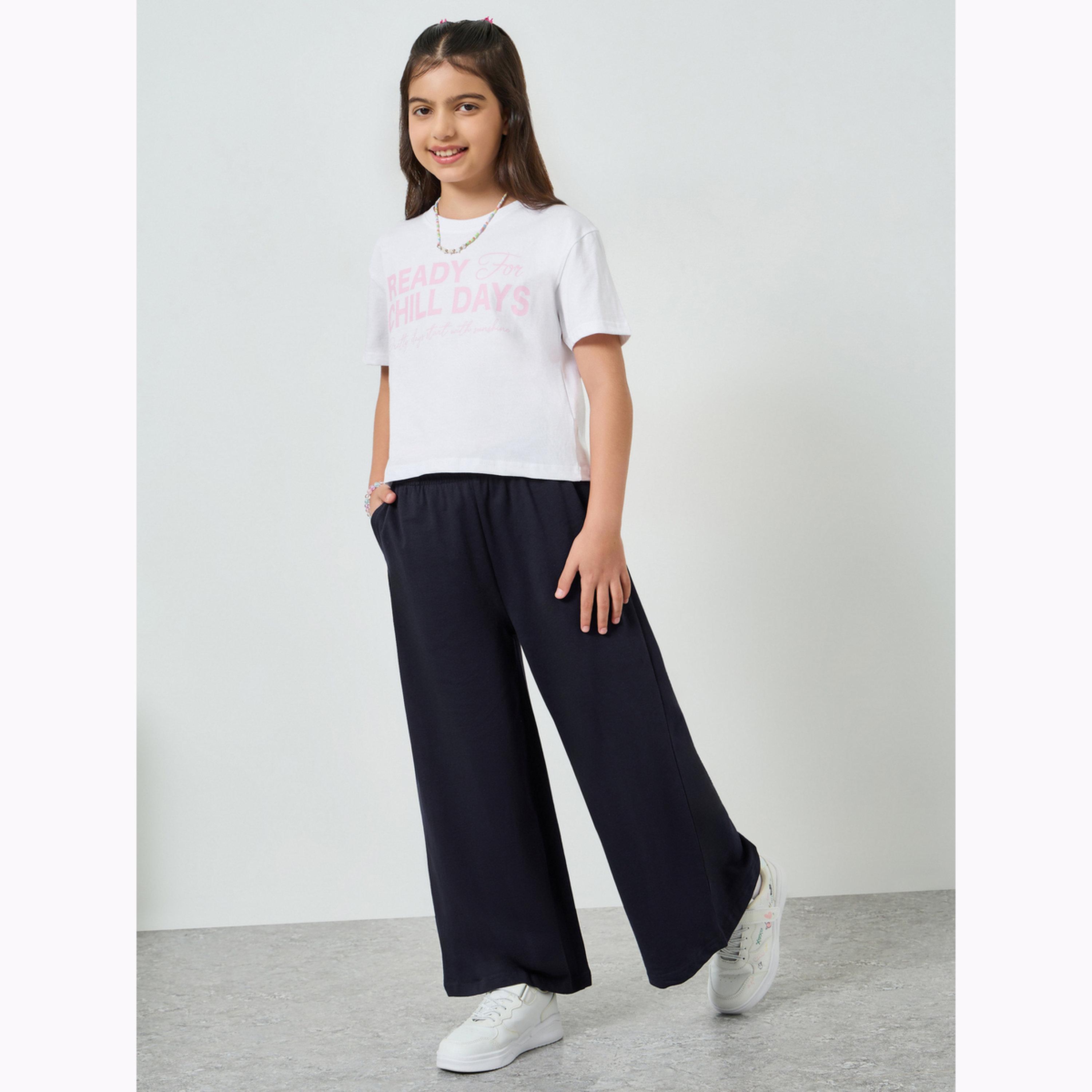 Styli Girls Solid Wide Leg Joggers with Drawstring-girls-clothing-bottoms-trousers-image-2