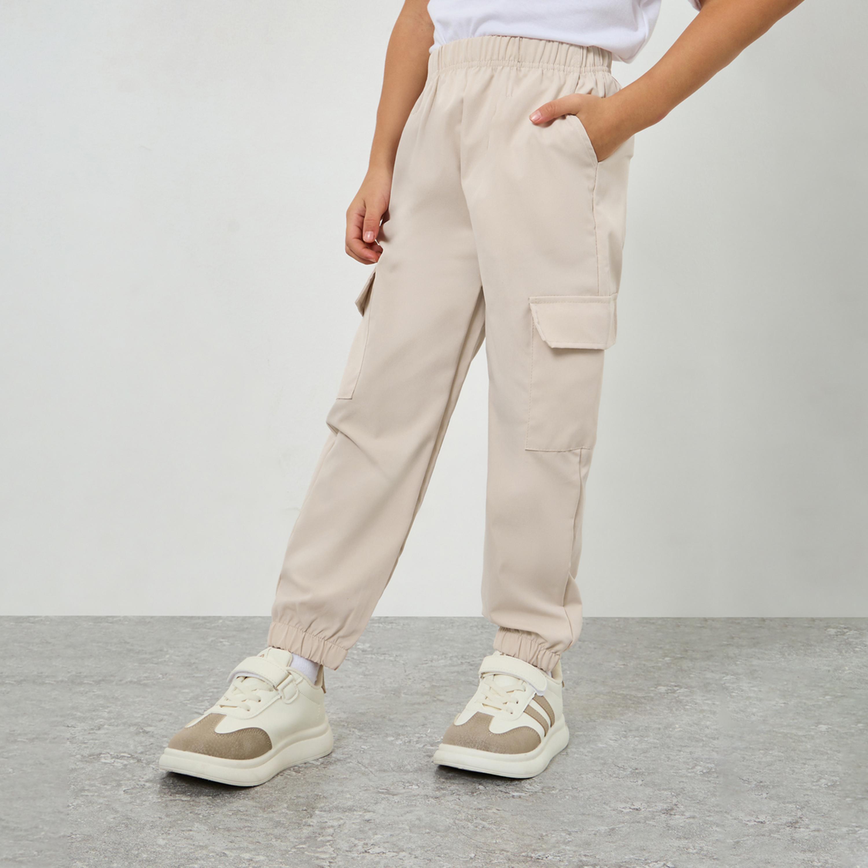 Styli Girls Beige Solid Cargo Joggers-girls-clothing-bottoms-joggersandtrackpants-image-1