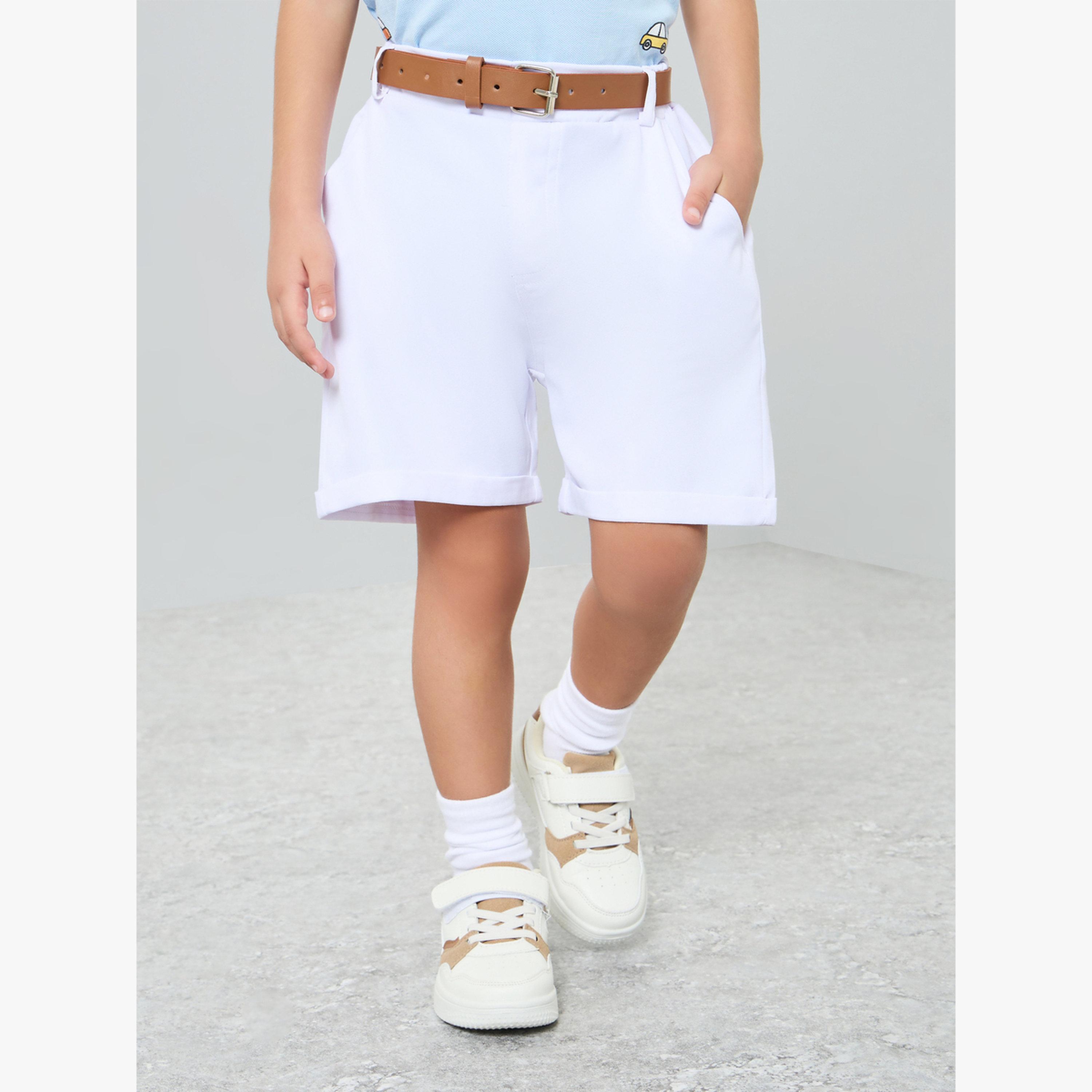Styli Boys White Solid Woven Shorts with Belt-boys-clothing-bottoms-shorts-image-1