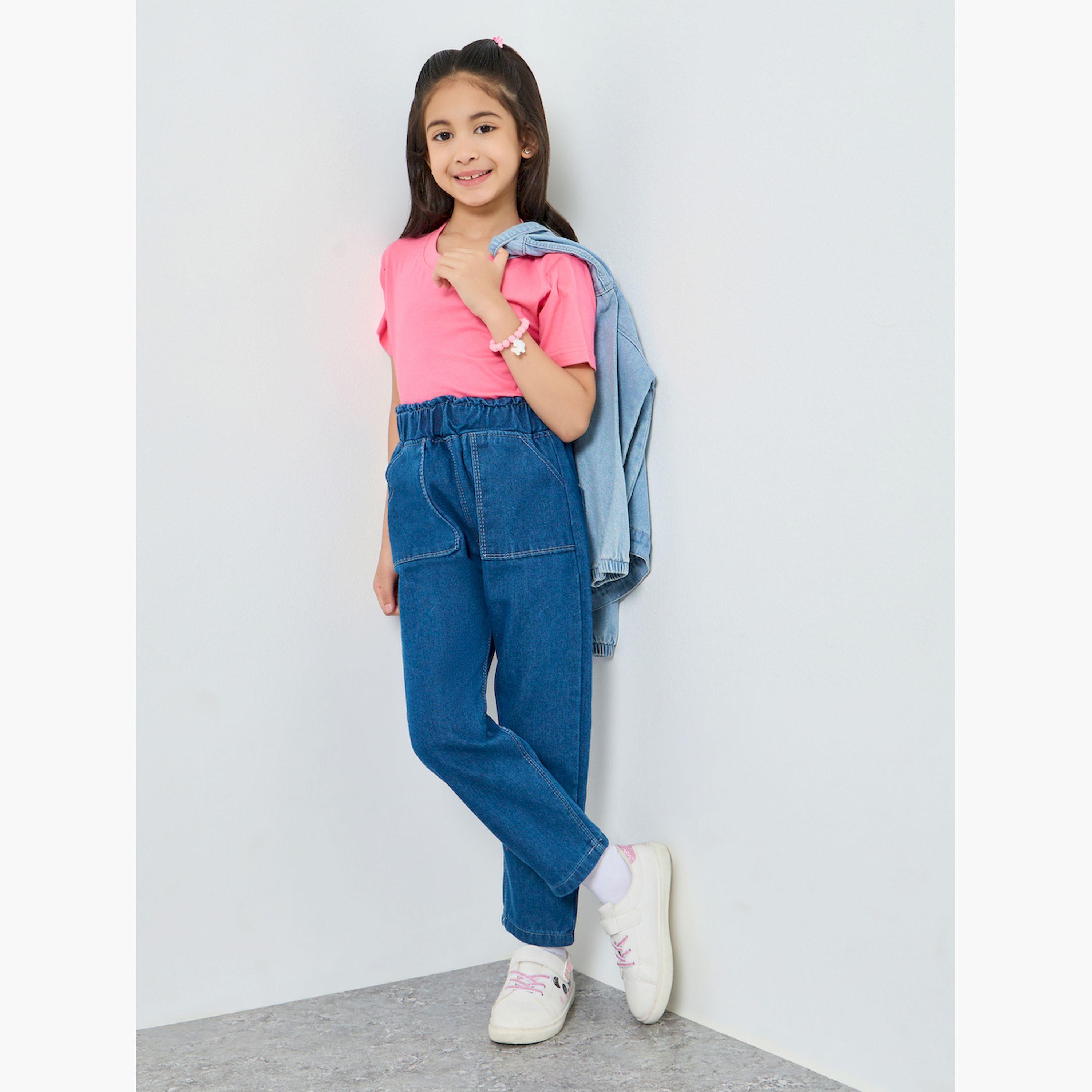 Styli Girls Regular Fit Washed Jeans with Pockets-baby-girls-clothing-bottoms-jeans-image-2