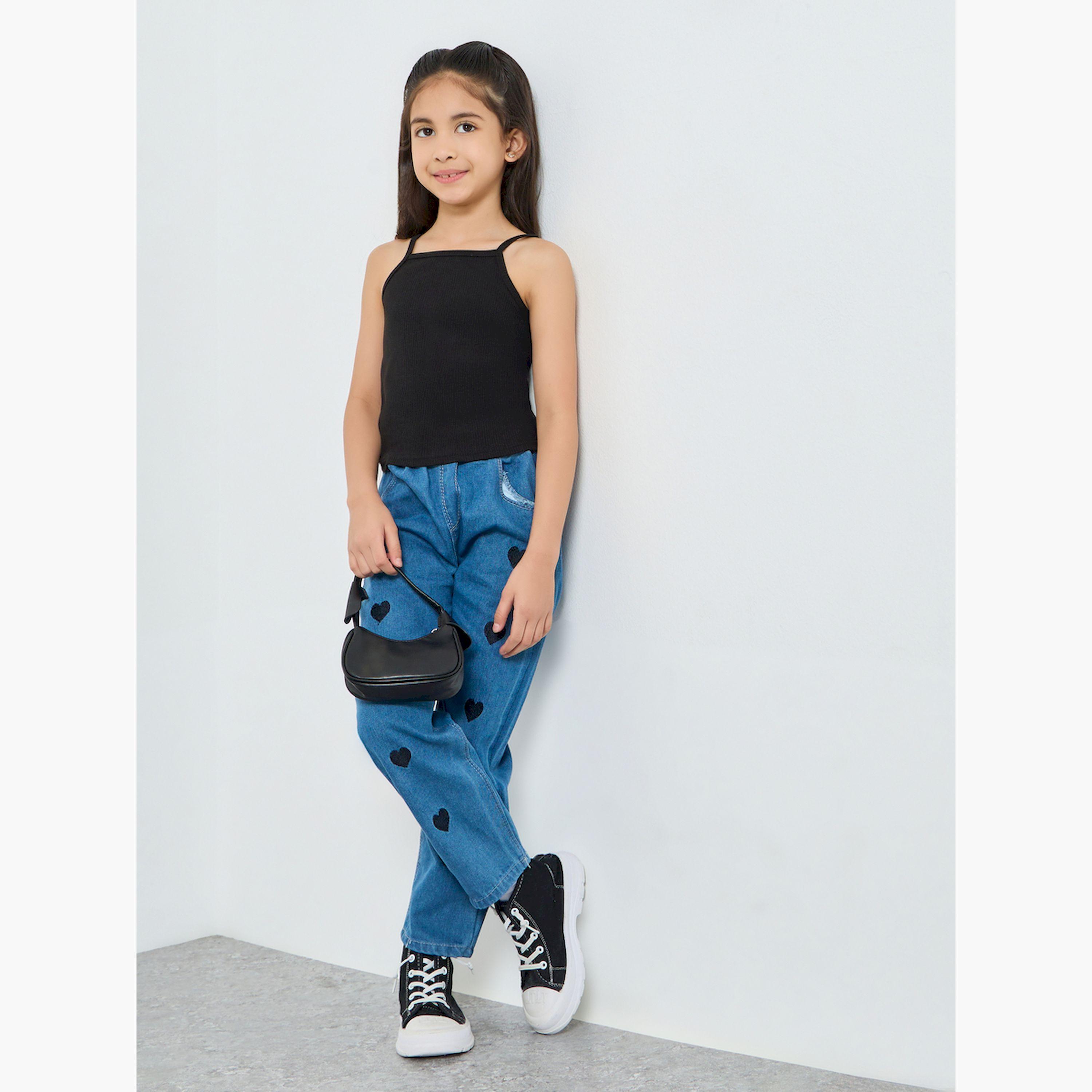 Styli Girls Heart Print Jeans with Pockets-baby-girls-clothing-bottoms-jeans-image-2