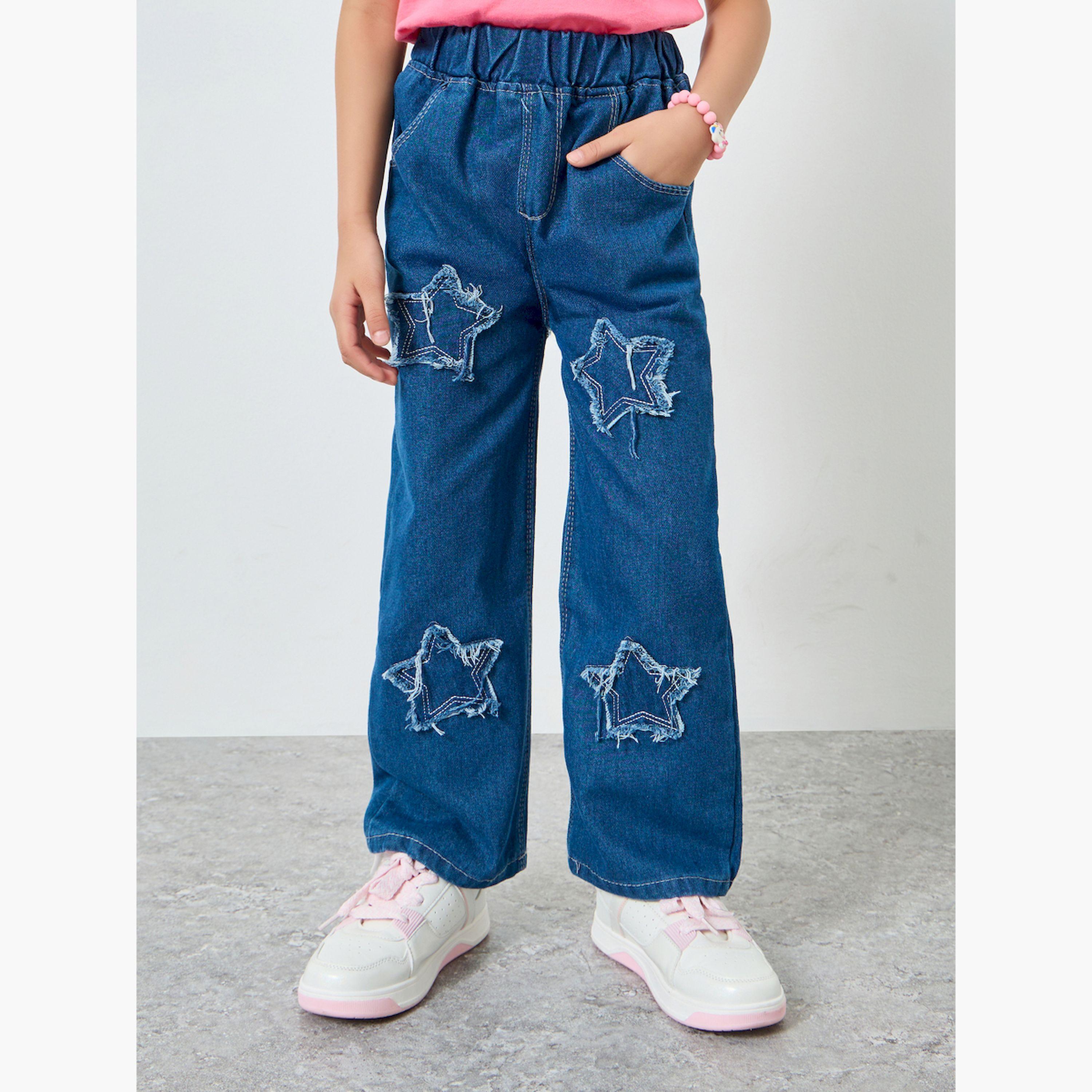 جينز مزين بأشكال نجوم مُرقعة-baby-girls-clothing-bottoms-jeans-image-1