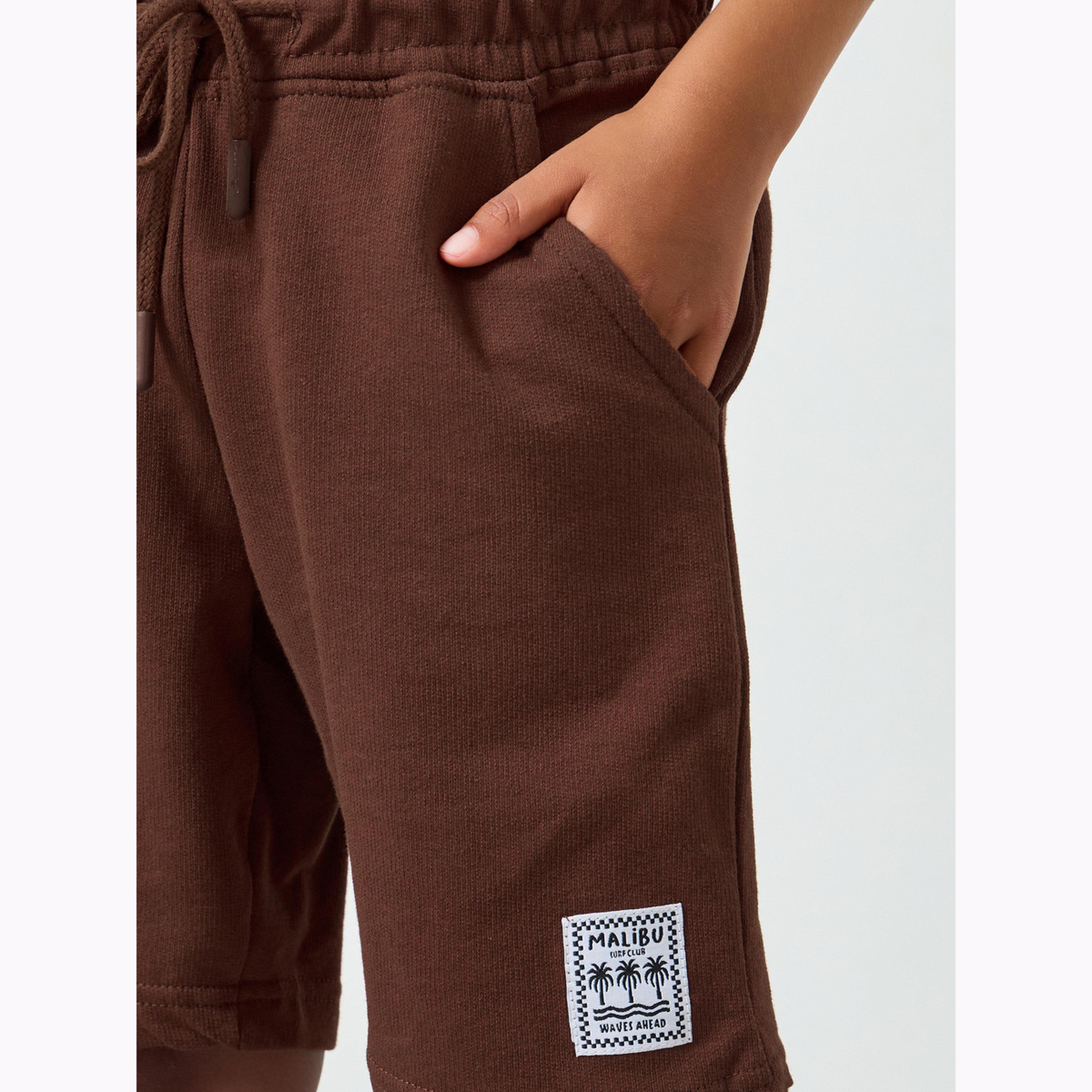 Styli Boys Brown Solid Drawstring Waist Shorts with Badge Detail-boys-clothing-bottoms-shorts-image-3