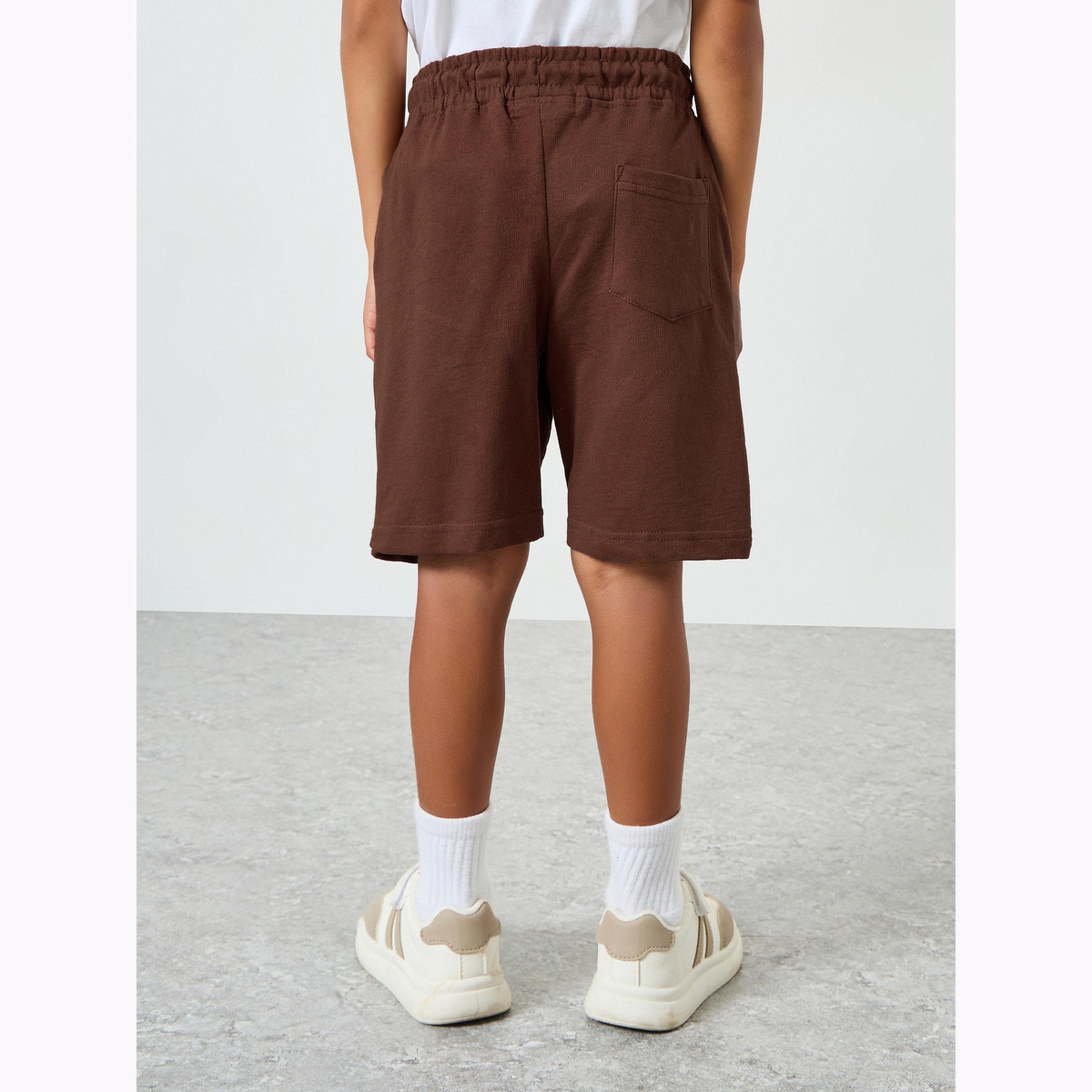 Styli Boys Brown Solid Drawstring Waist Shorts with Badge Detail-boys-clothing-bottoms-shorts-image-4