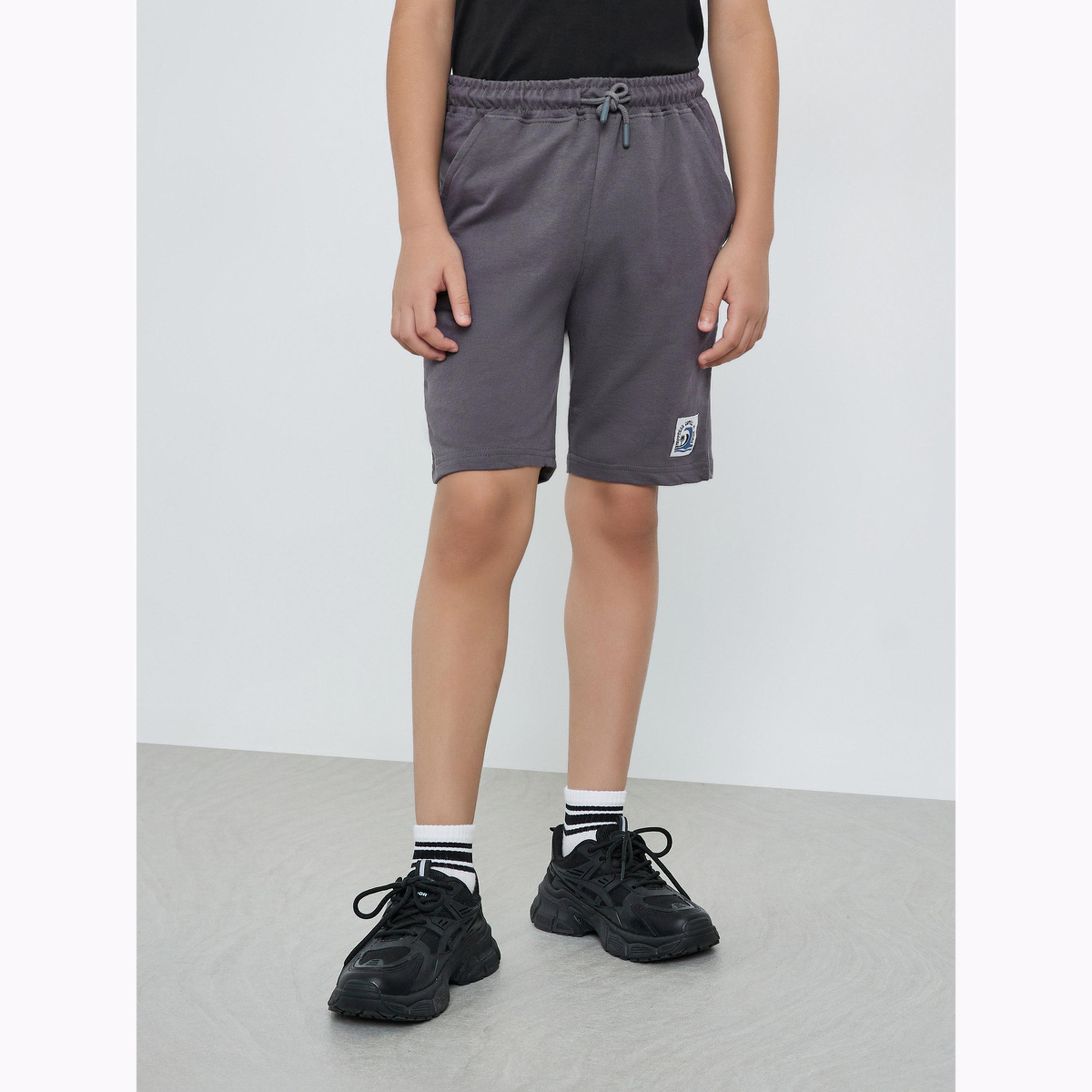 Styli Boys Solid Drawstring Waist Shorts with Badge Detail-boys-clothing-bottoms-shorts-image-1