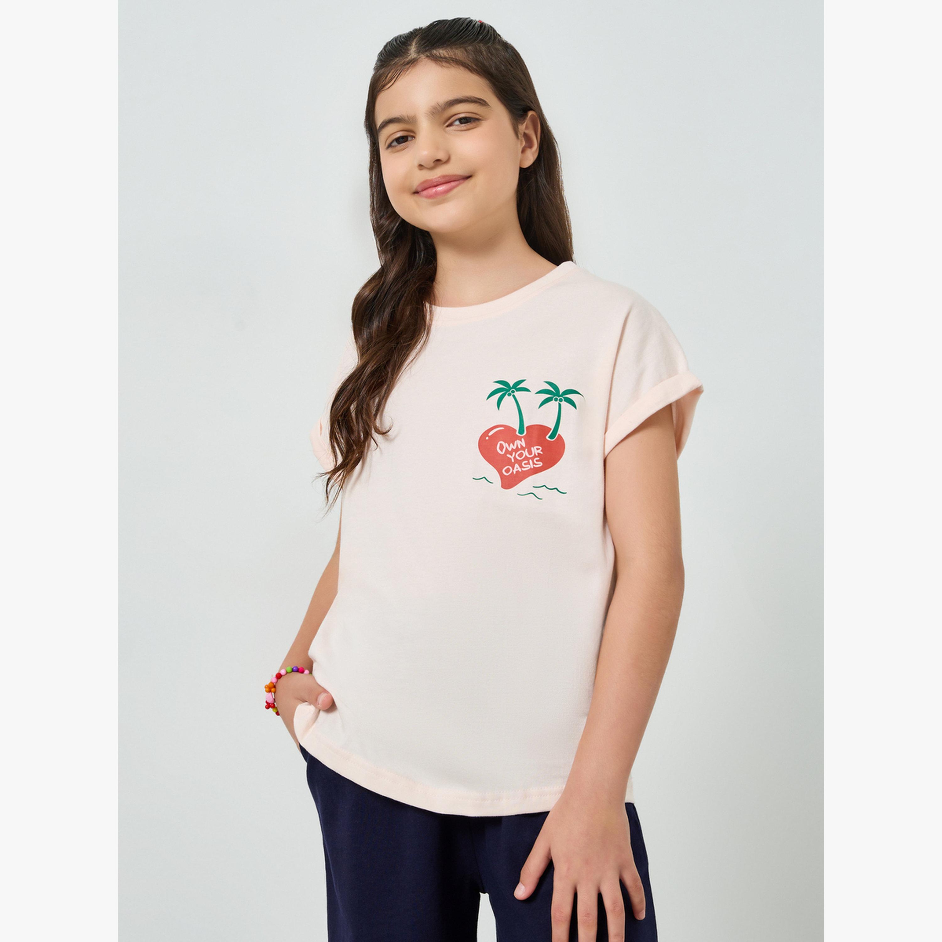 Styli Teen Girls Pink Cotton T-Shirt with Heart Print-girls-clothing-tshirts-image-1