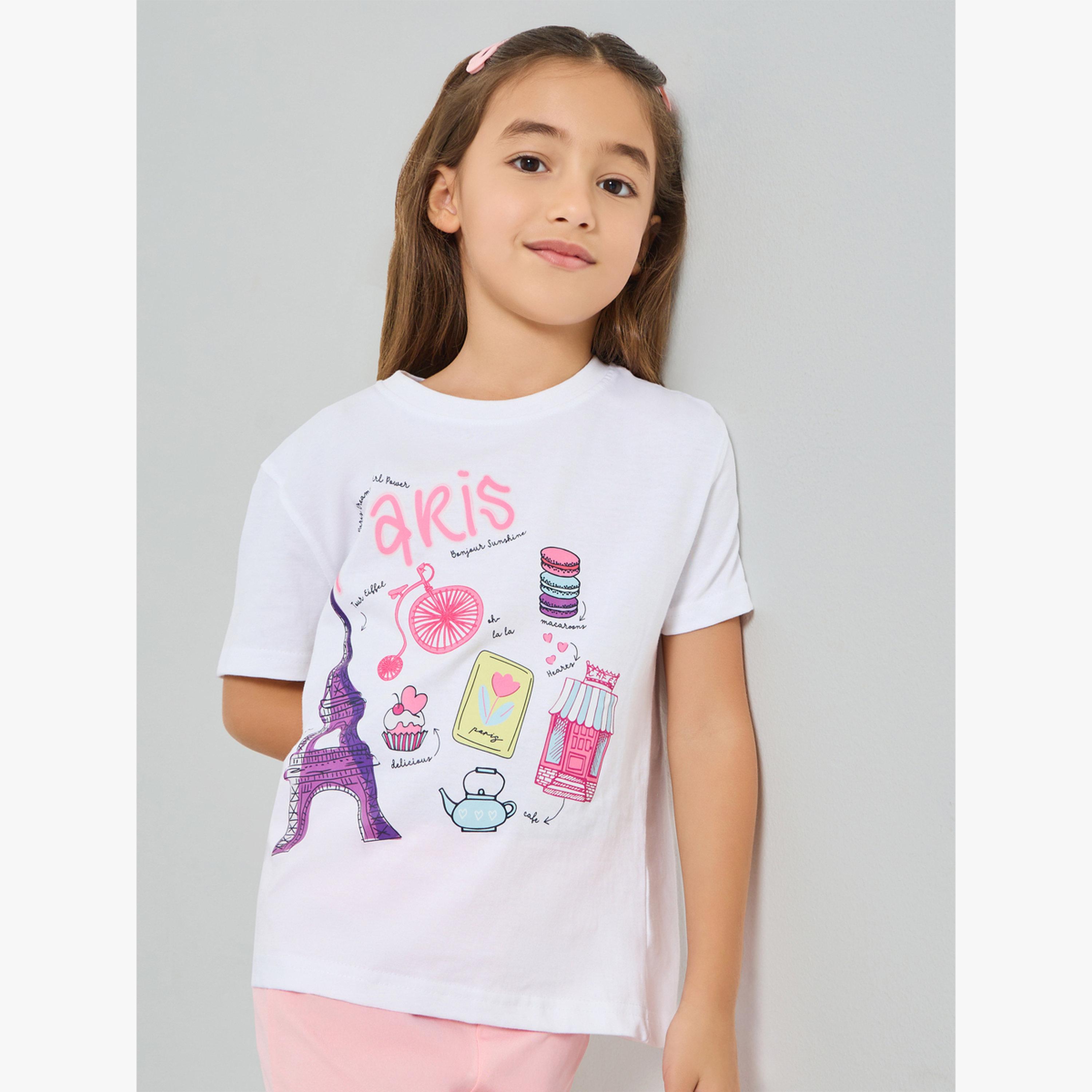 Styli Girls White Paris Graphic Print Cotton T-Shirt-girls-clothing-tshirts-image-1