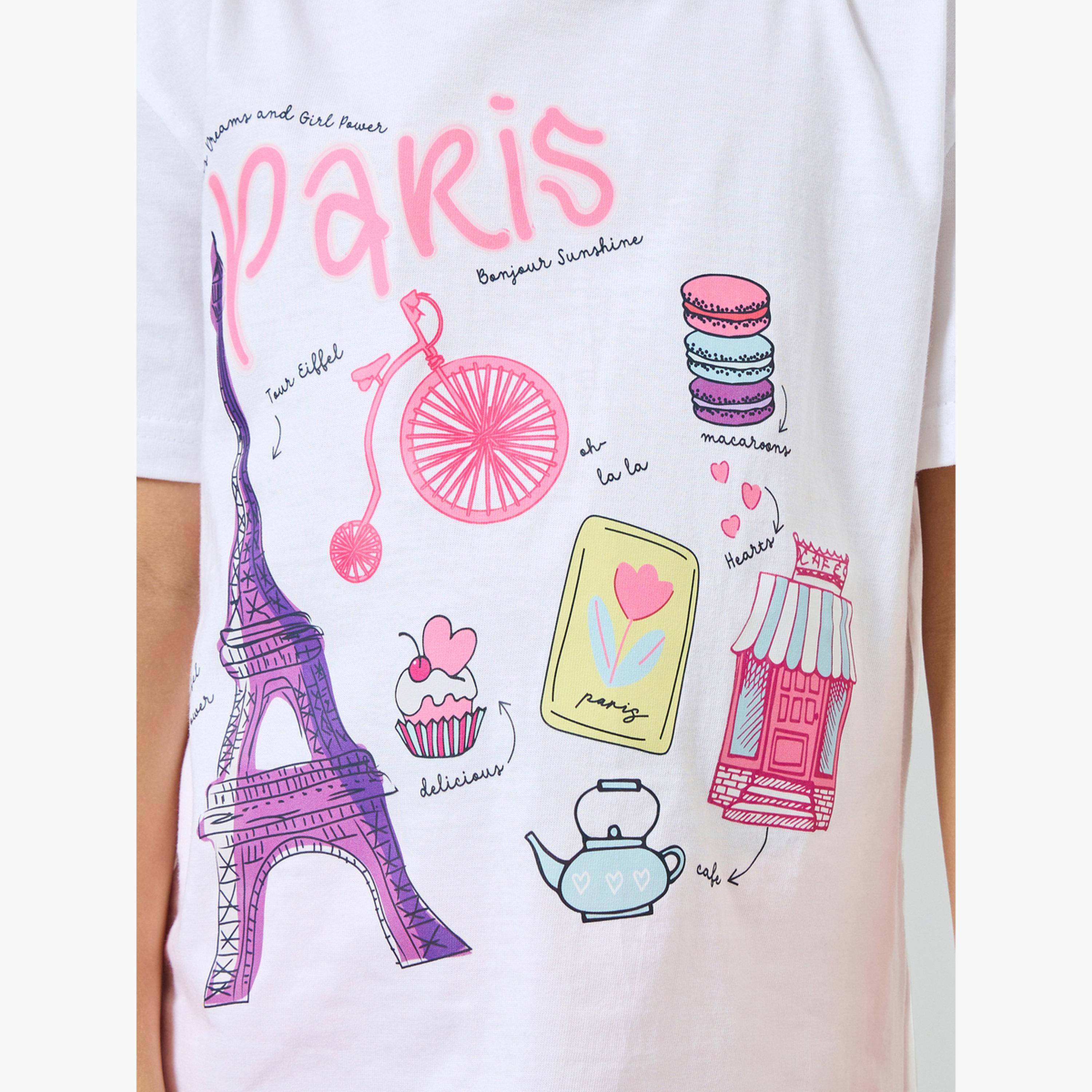 تيشيرت قطن بطبعة جرافيك باريس للبنات-girls-clothing-tshirts-image-4