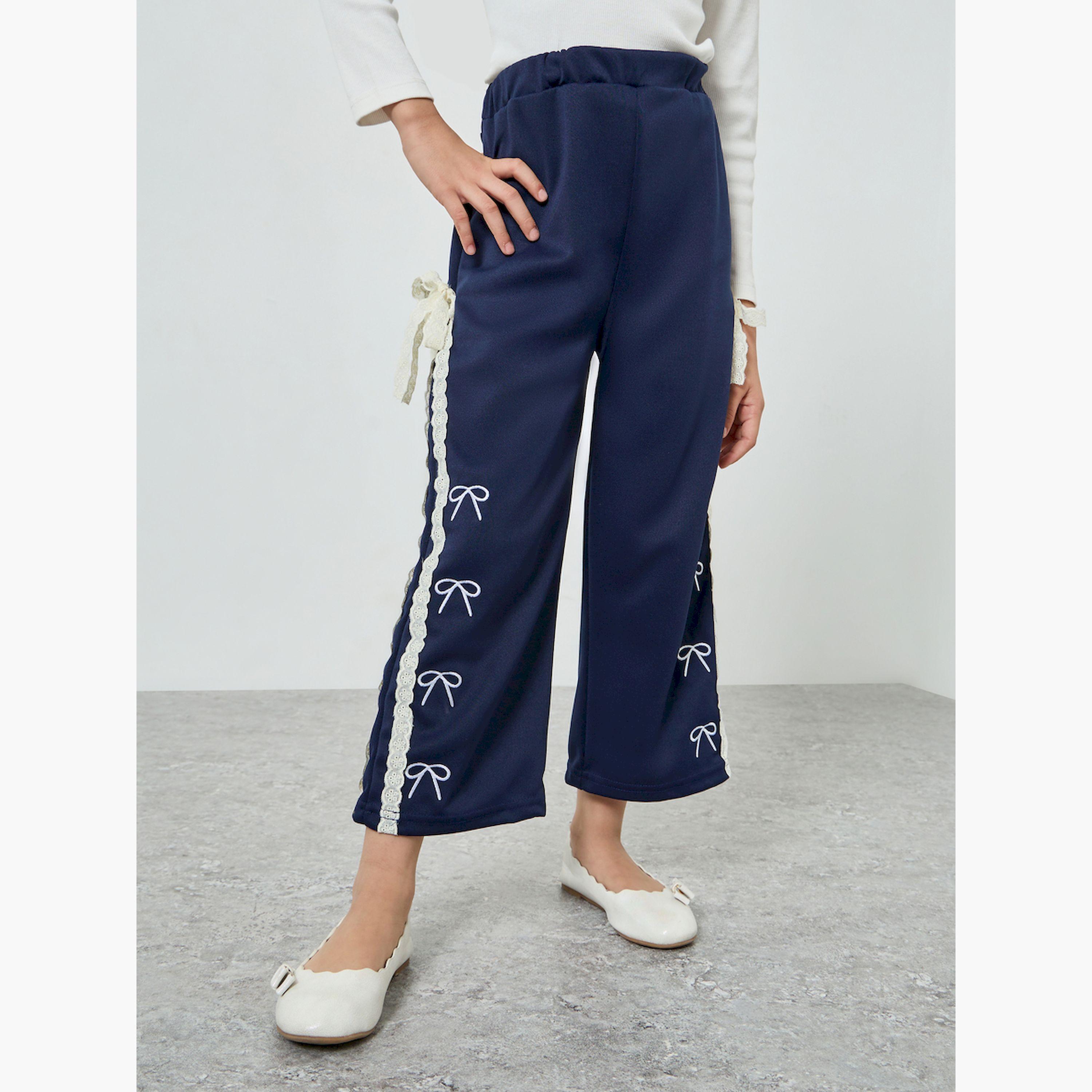 Styli Girls Navy Blue Wide Leg Joggers with Lace Detail-girls-clothing-bottoms-joggersandtrackpants-image-1