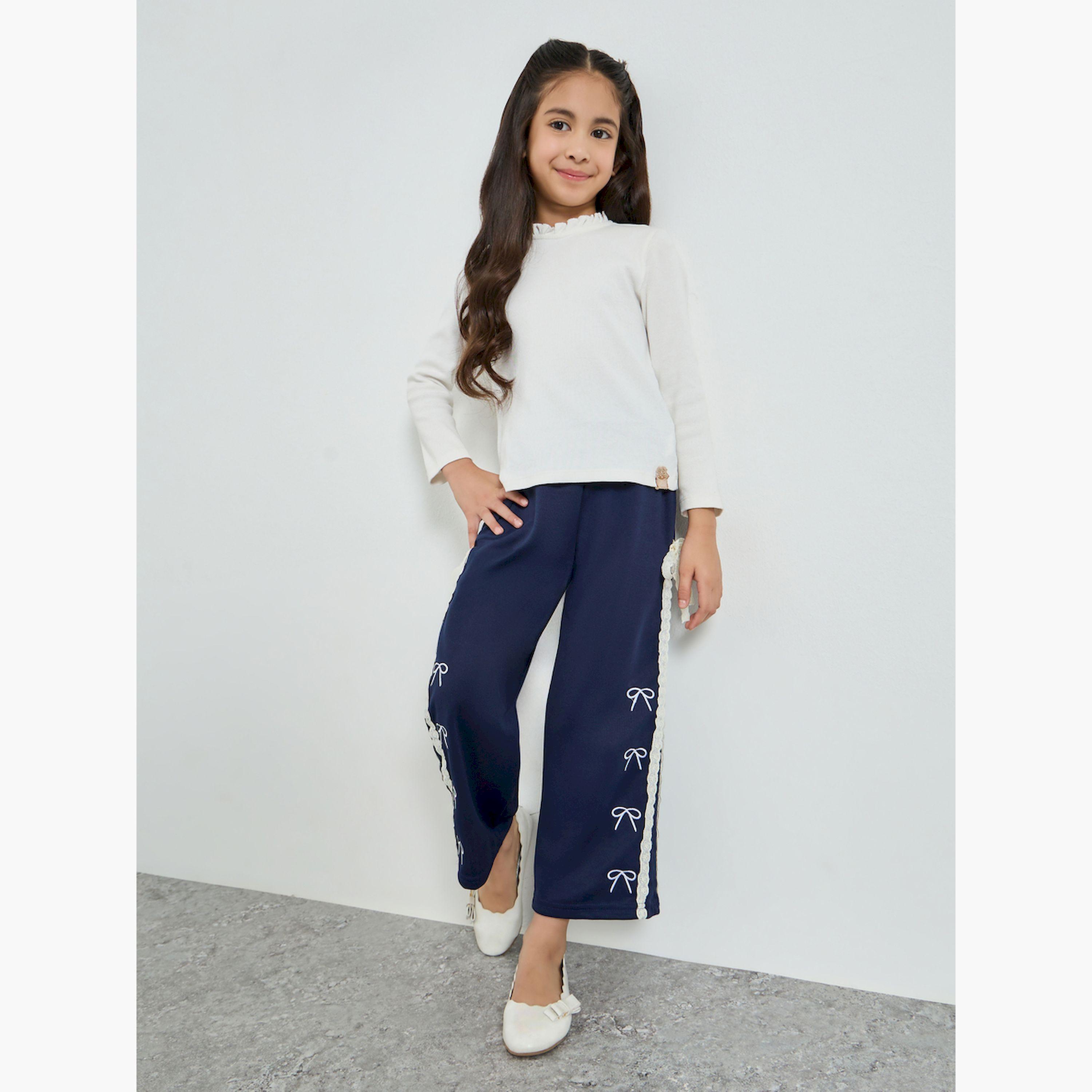Styli Girls Navy Blue Wide Leg Joggers with Lace Detail-girls-clothing-bottoms-joggersandtrackpants-image-2