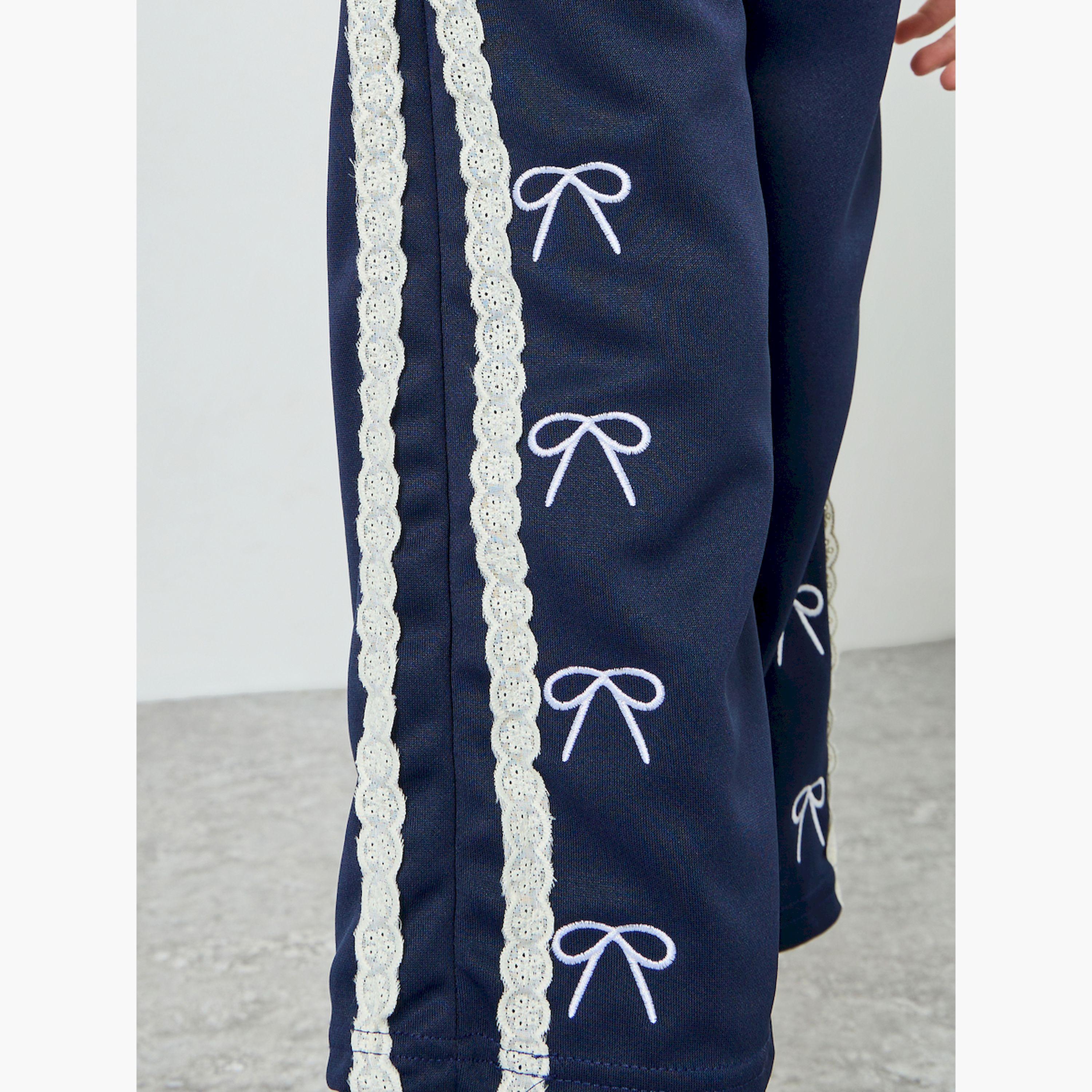 Styli Girls Navy Blue Wide Leg Joggers with Lace Detail-girls-clothing-bottoms-joggersandtrackpants-image-3