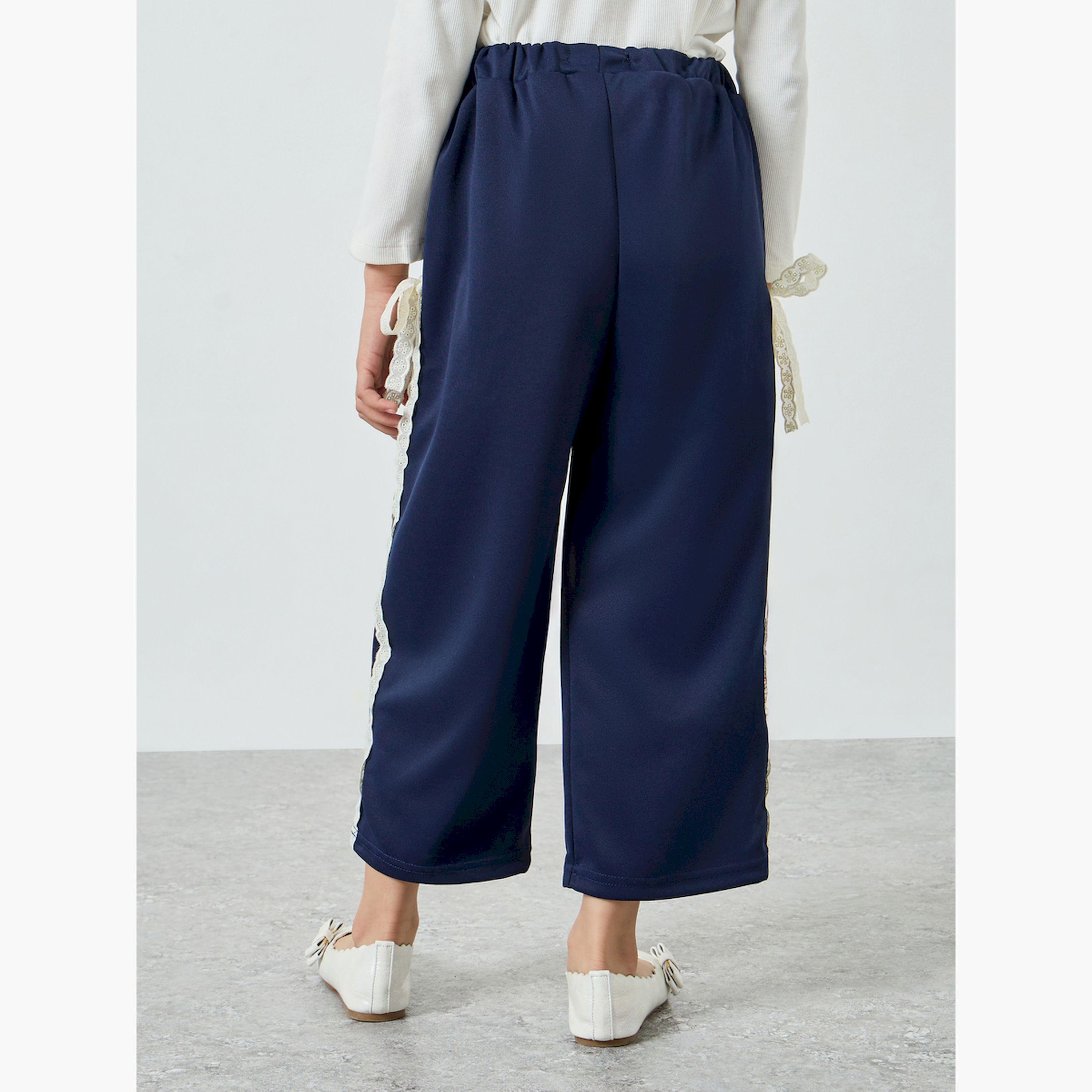 Styli Girls Navy Blue Wide Leg Joggers with Lace Detail-girls-clothing-bottoms-joggersandtrackpants-image-4