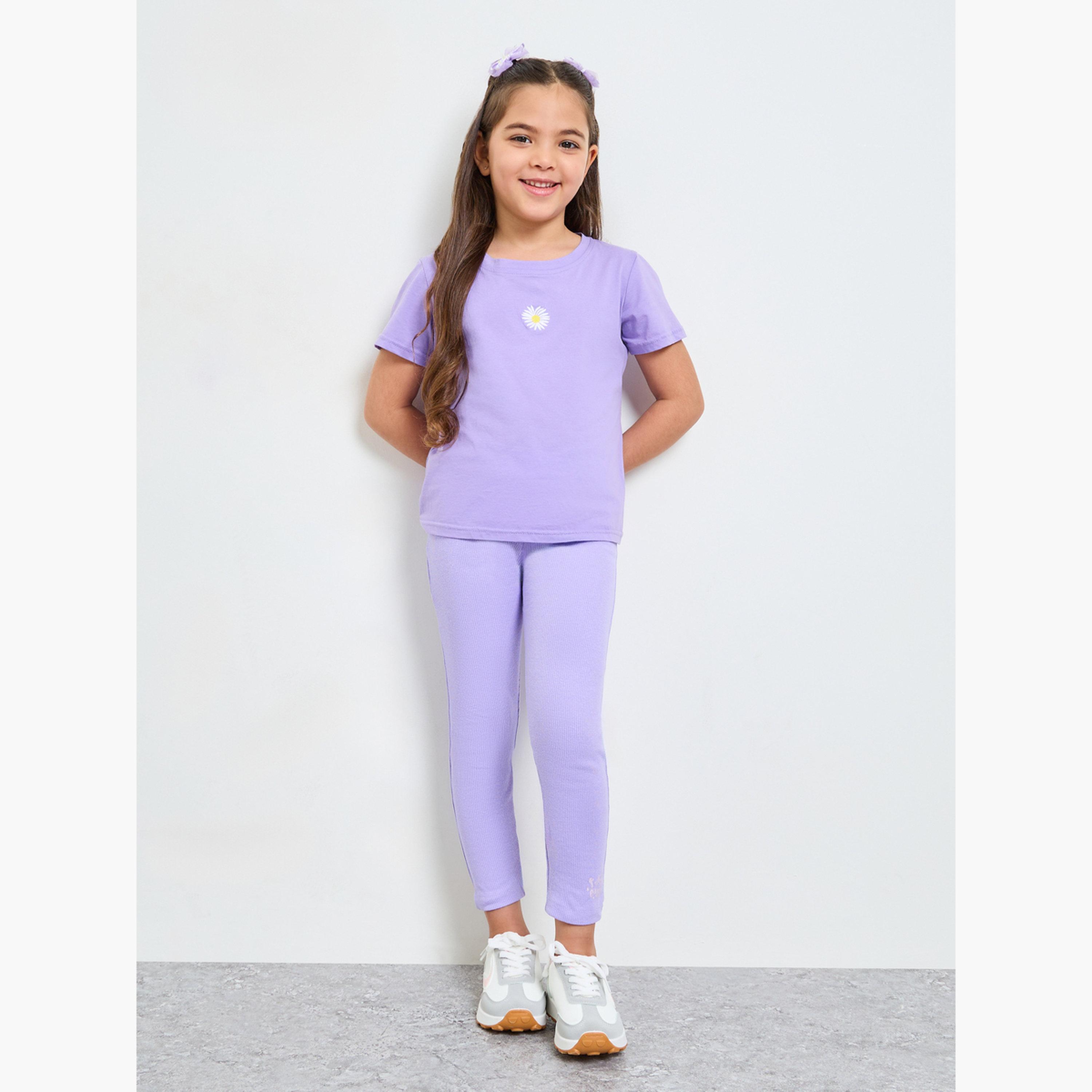 Styli Girls Lilac Graphic Print Ribbed Leggings-girls-clothing-bottoms-leggings-image-2