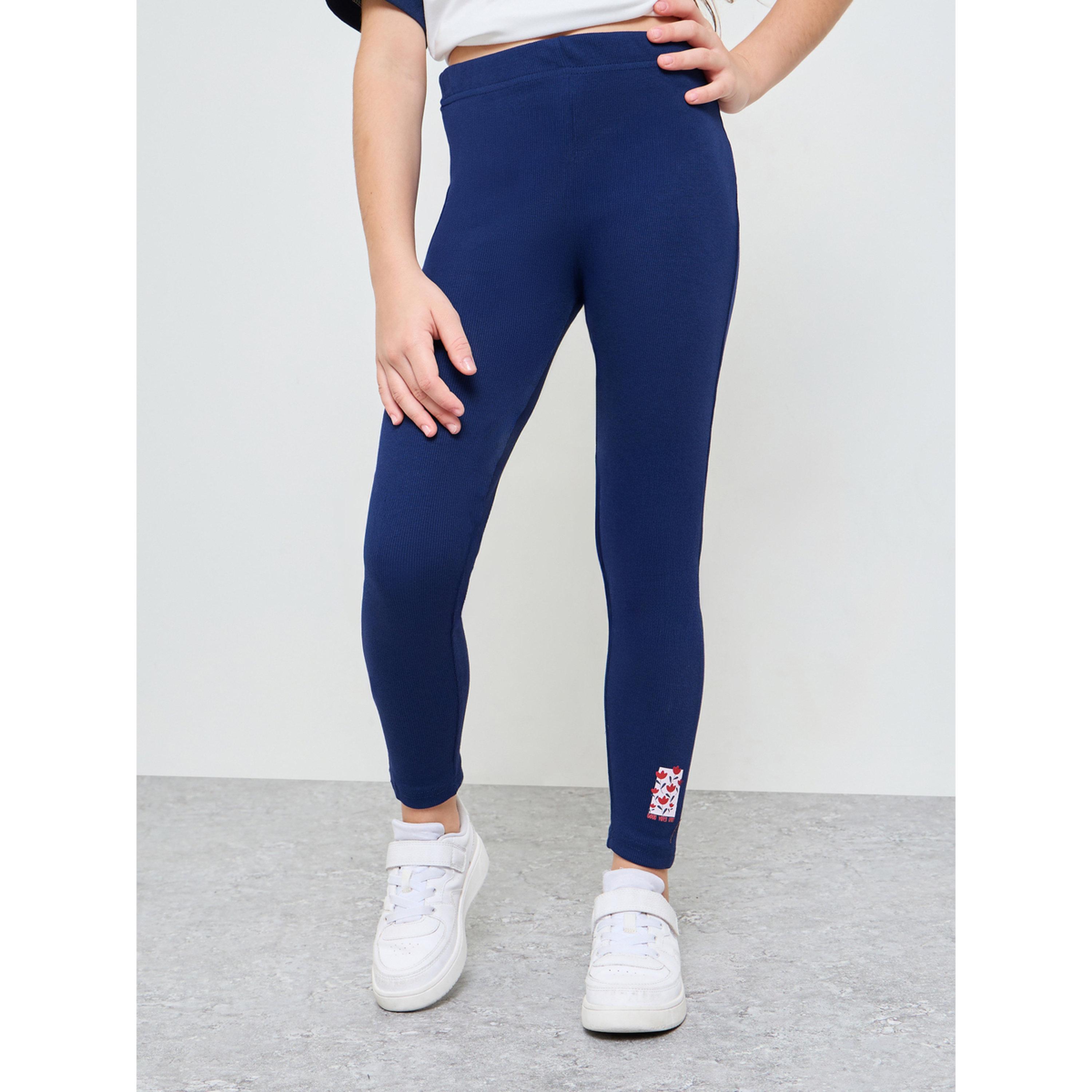 Styli Teen Girls Navy Blue Graphic Print Ribbed Cotton Leggings-girls-clothing-bottoms-leggings-image-1