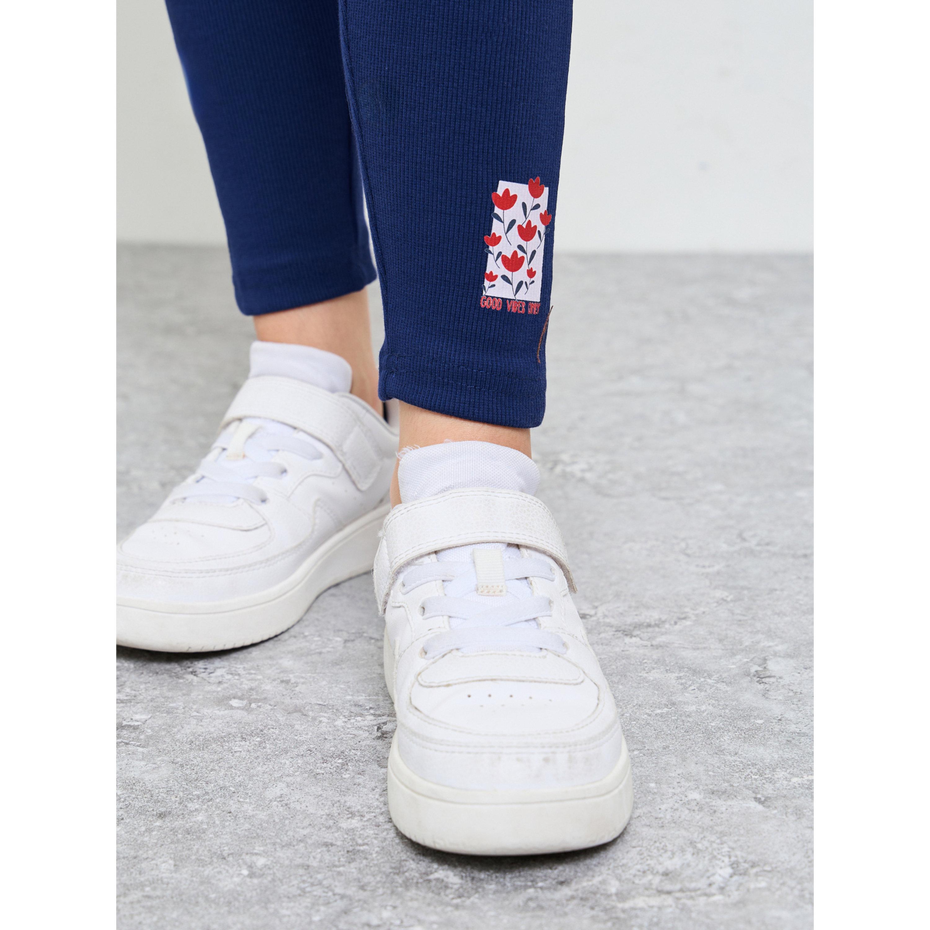 Styli Teen Girls Navy Blue Graphic Print Ribbed Cotton Leggings-girls-clothing-bottoms-leggings-image-3