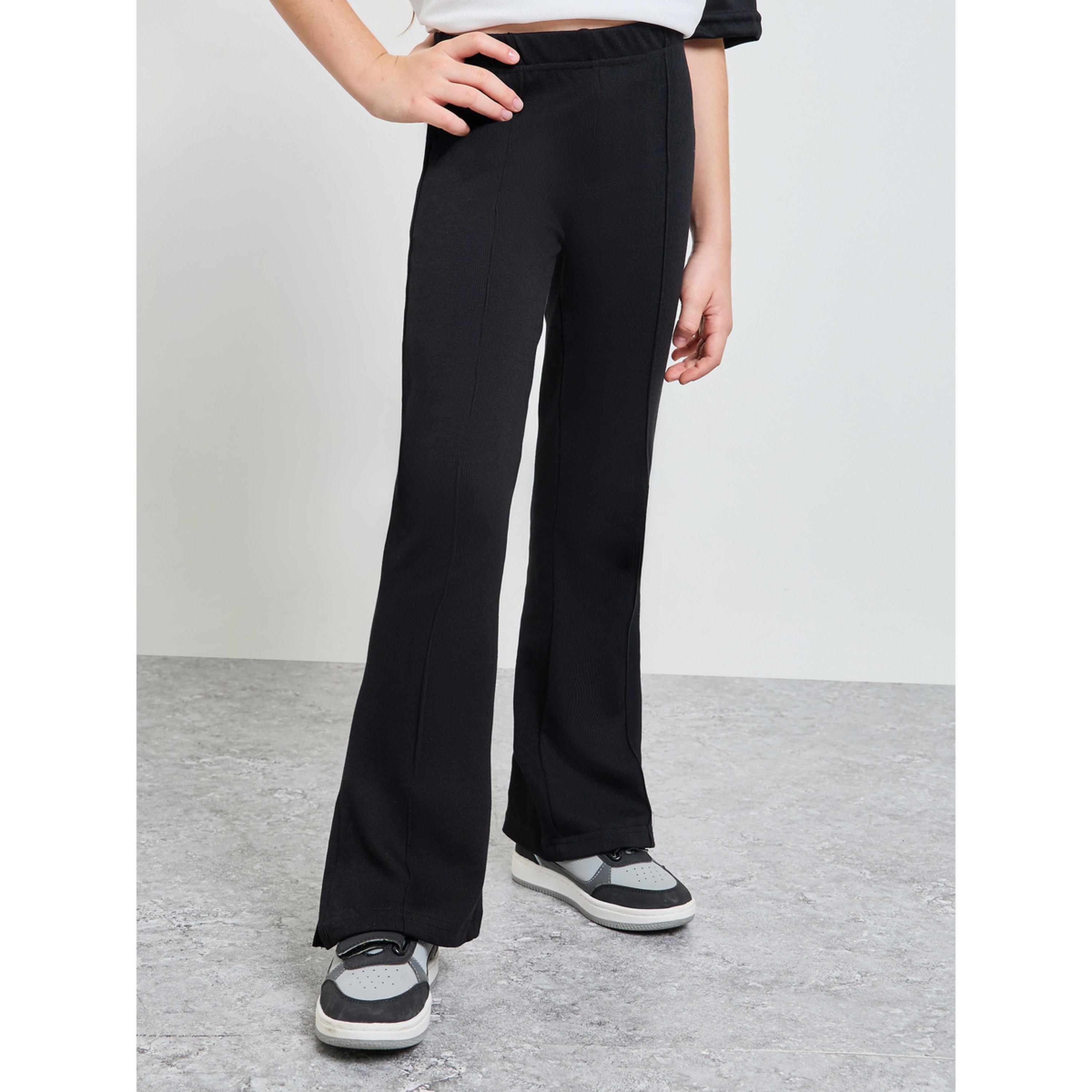 Styli Teen Girls Black Solid Side Slit Knitted Fit and Flare Leggings-girls-clothing-bottoms-leggings-image-1