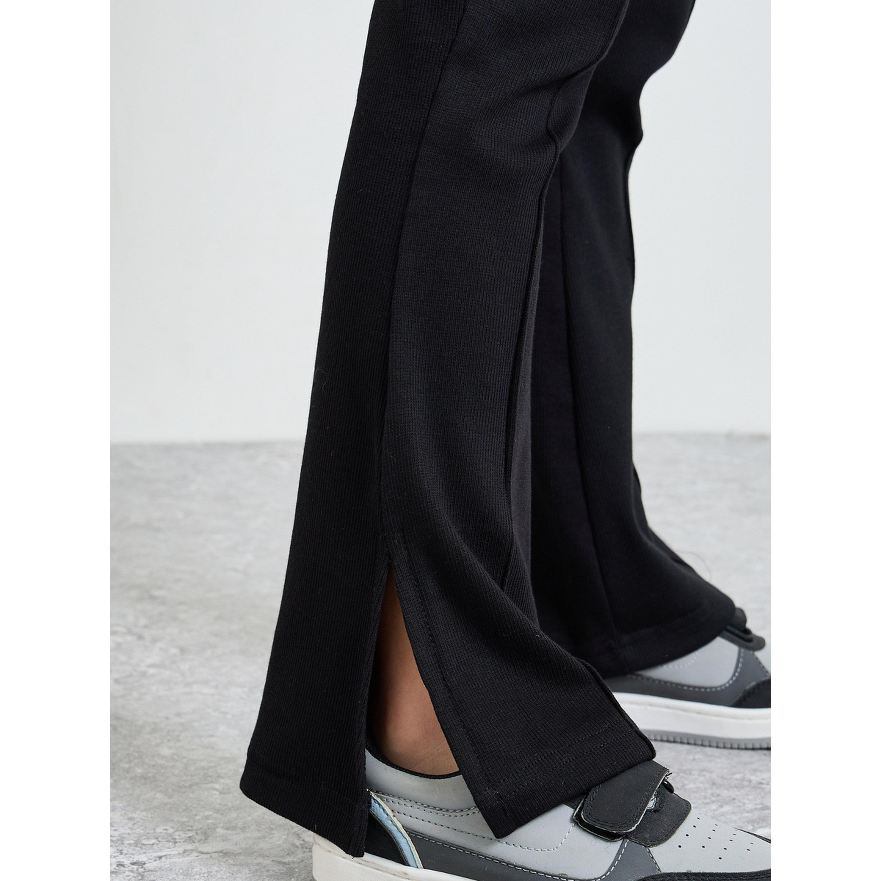 Styli Teen Girls Black Solid Side Slit Knitted Fit and Flare Leggings-girls-clothing-bottoms-leggings-image-3