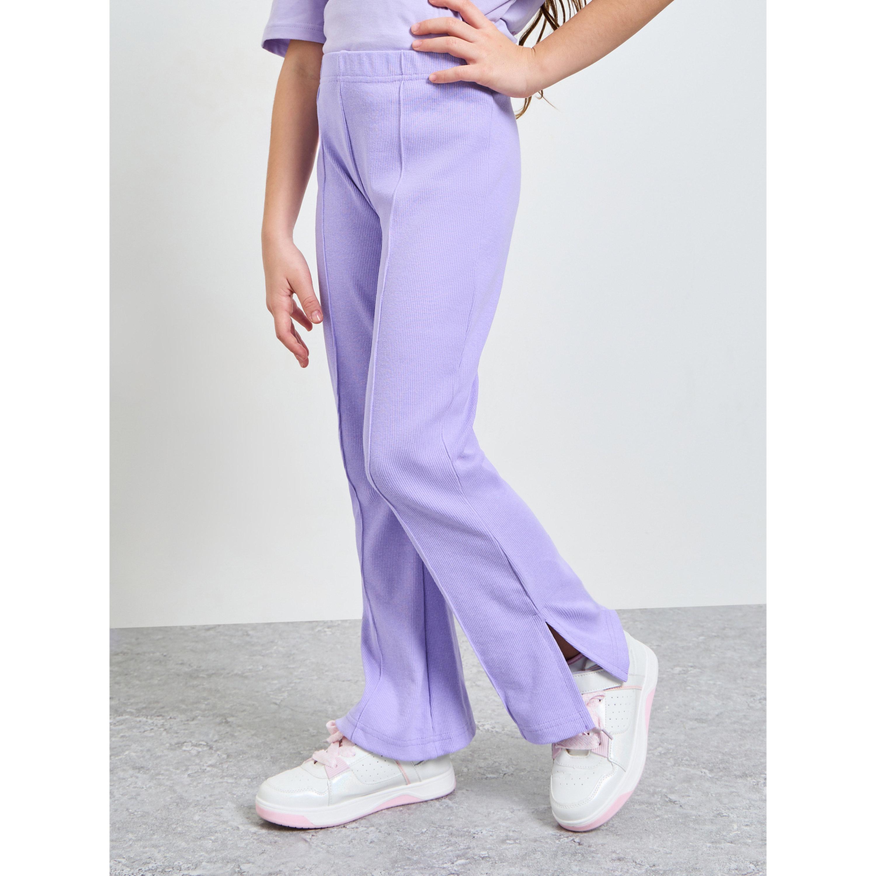 بنطال ليقنز محبوك بقصة واسعة وفتحة جانبية سادة للبنات-girls-clothing-bottoms-leggings-image-1
