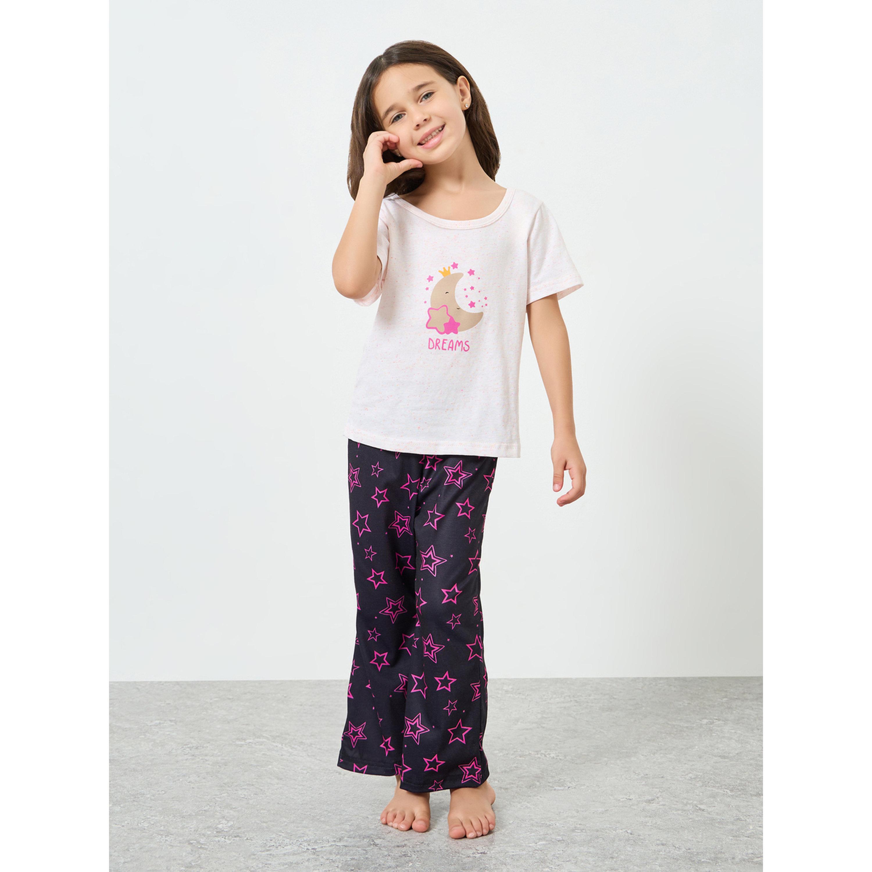 Styli Girls Star and Moon Print T-Shirt and Pyjama Set-girls-clothing-nightwear-image-1