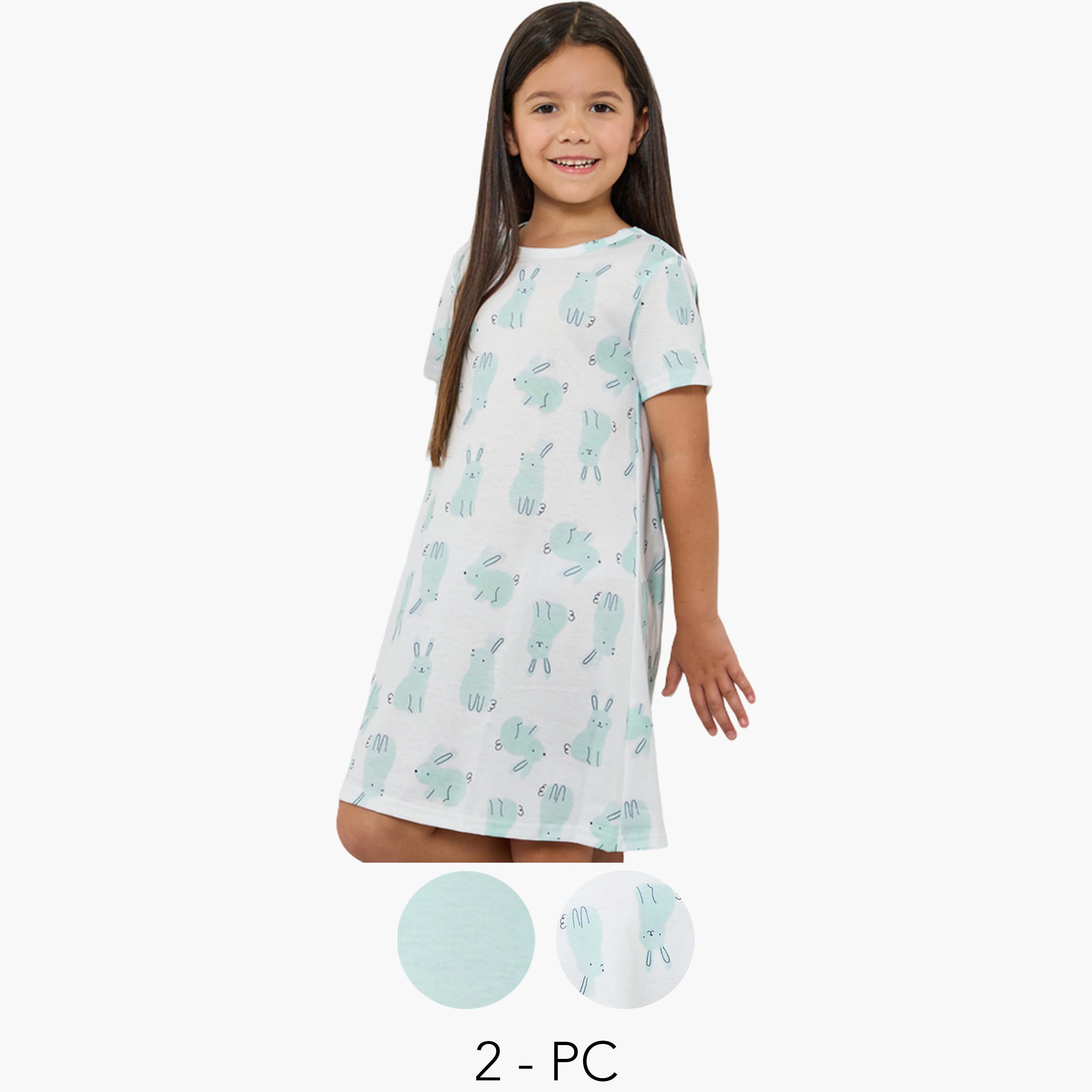 Styli Pack of 2 - Girls Printed Short Sleeve Nightdress-girls-clothing-nightwear-image-1