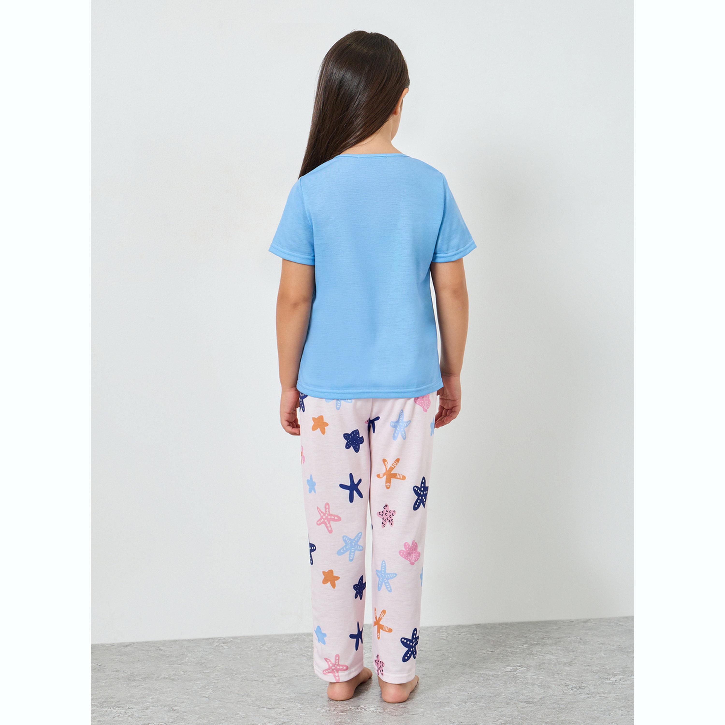 Styli Girls Blue Sea Print Short Sleeve T-Shirt and Pyjama Set-girls-clothing-nightwear-image-4