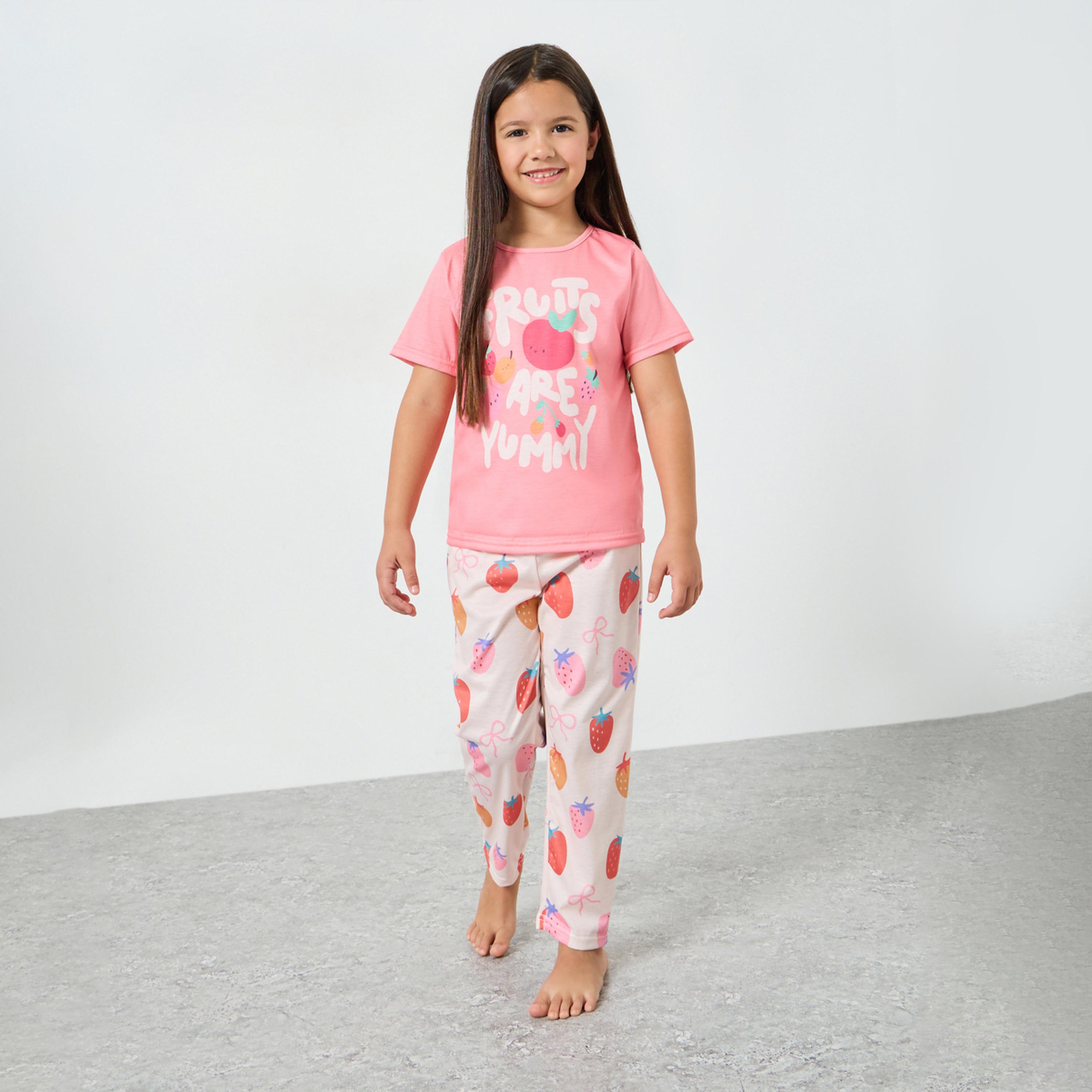 Styli Girls Fruit Print T-Shirt and Pyjama Set-girls-clothing-nightwear-image-1