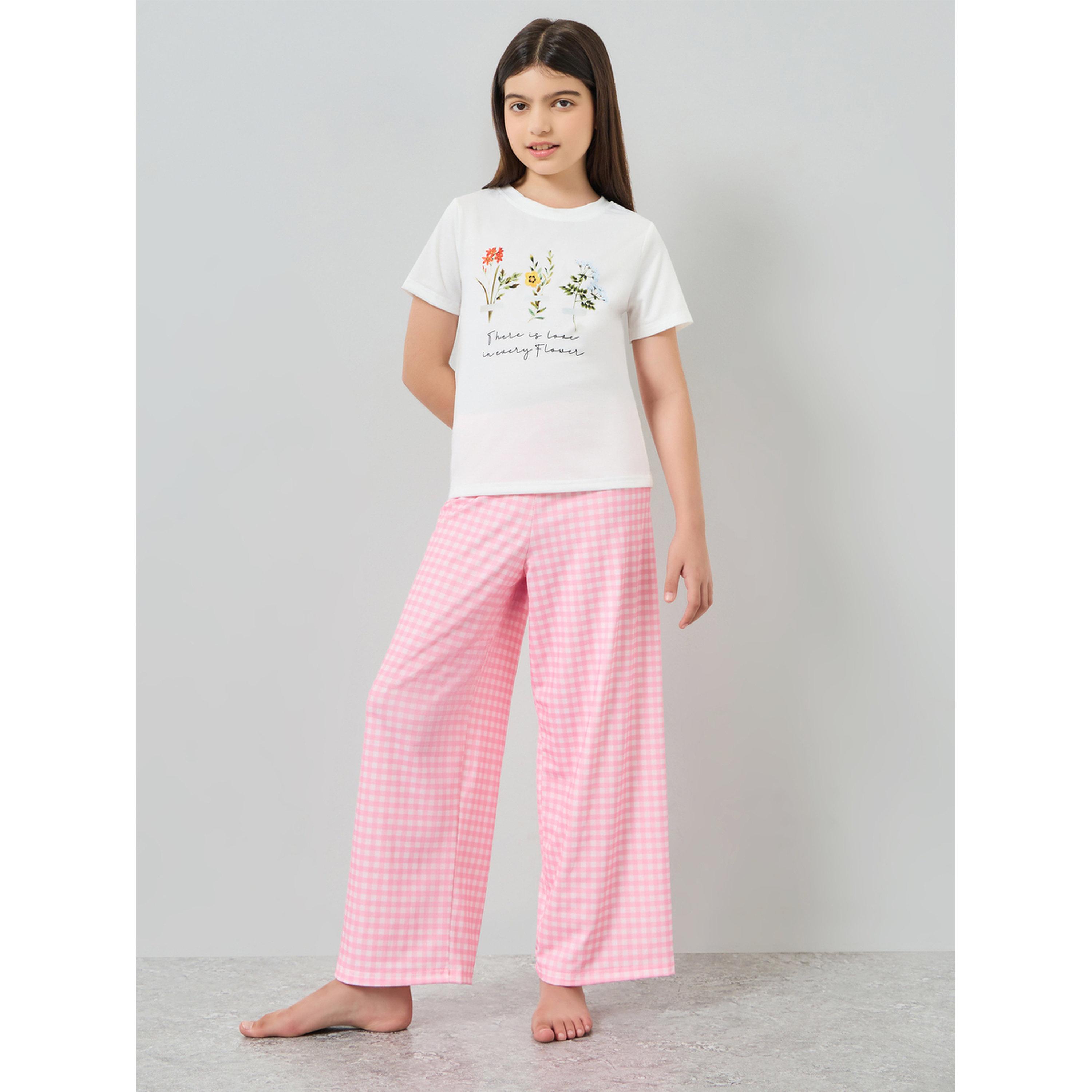 Styli Girls Floral Print T-Shirt and Checked Pyjama Set-girls-clothing-nightwear-image-1