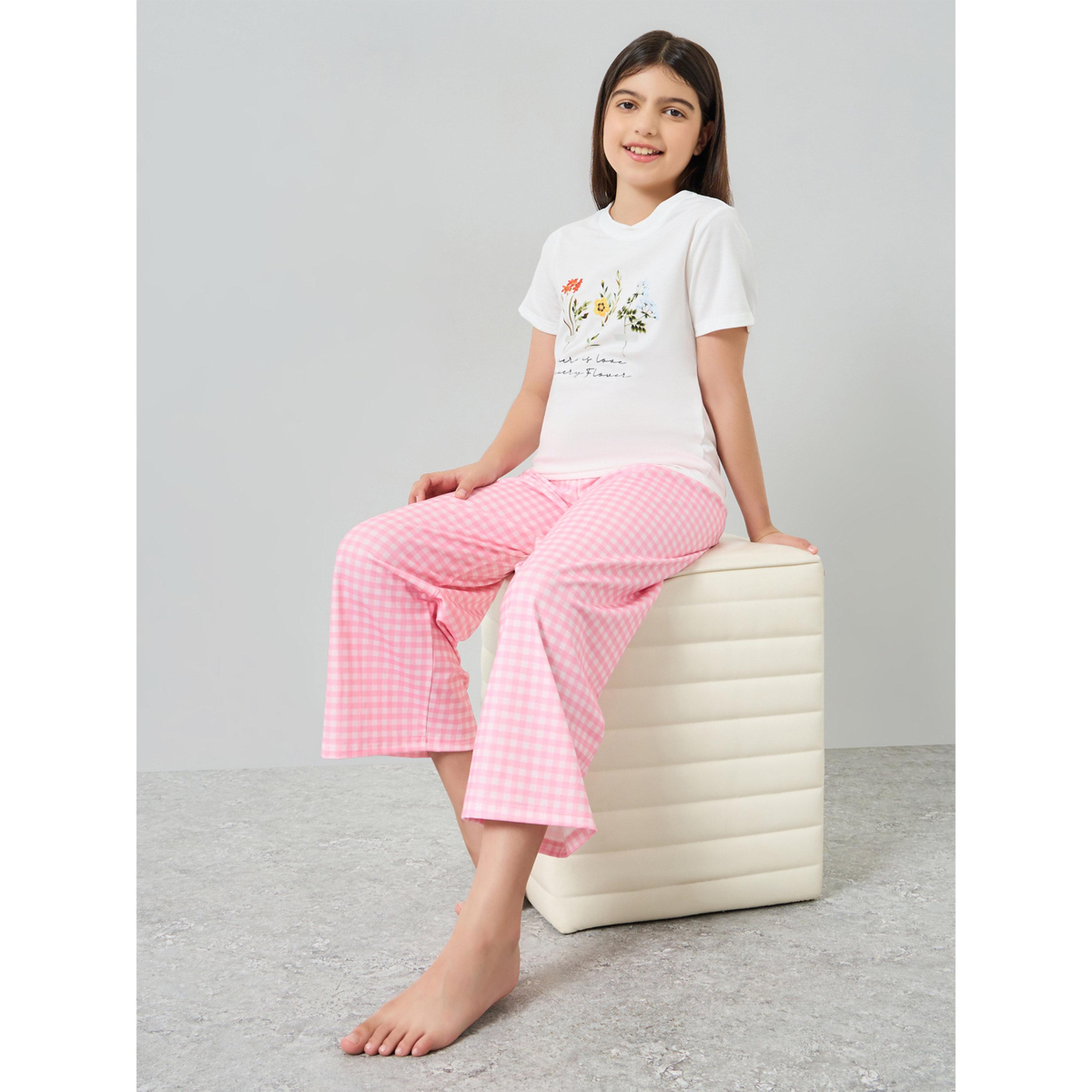 Styli Girls Floral Print T-Shirt and Checked Pyjama Set-girls-clothing-nightwear-image-2