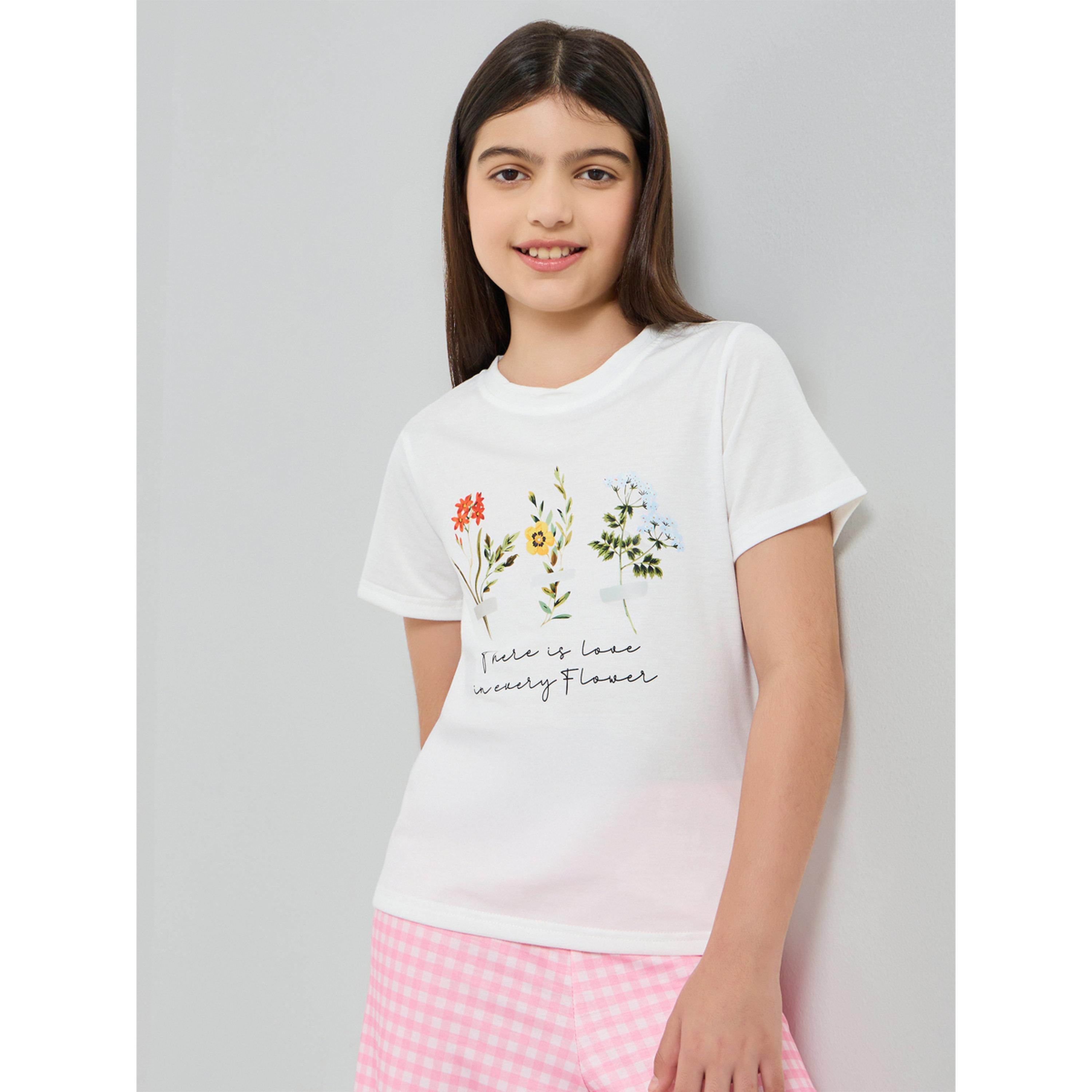 طقم بيجاما من بنطال كاروهات وتيشيرت بطبعة زهور للبنات-girls-clothing-nightwear-image-3