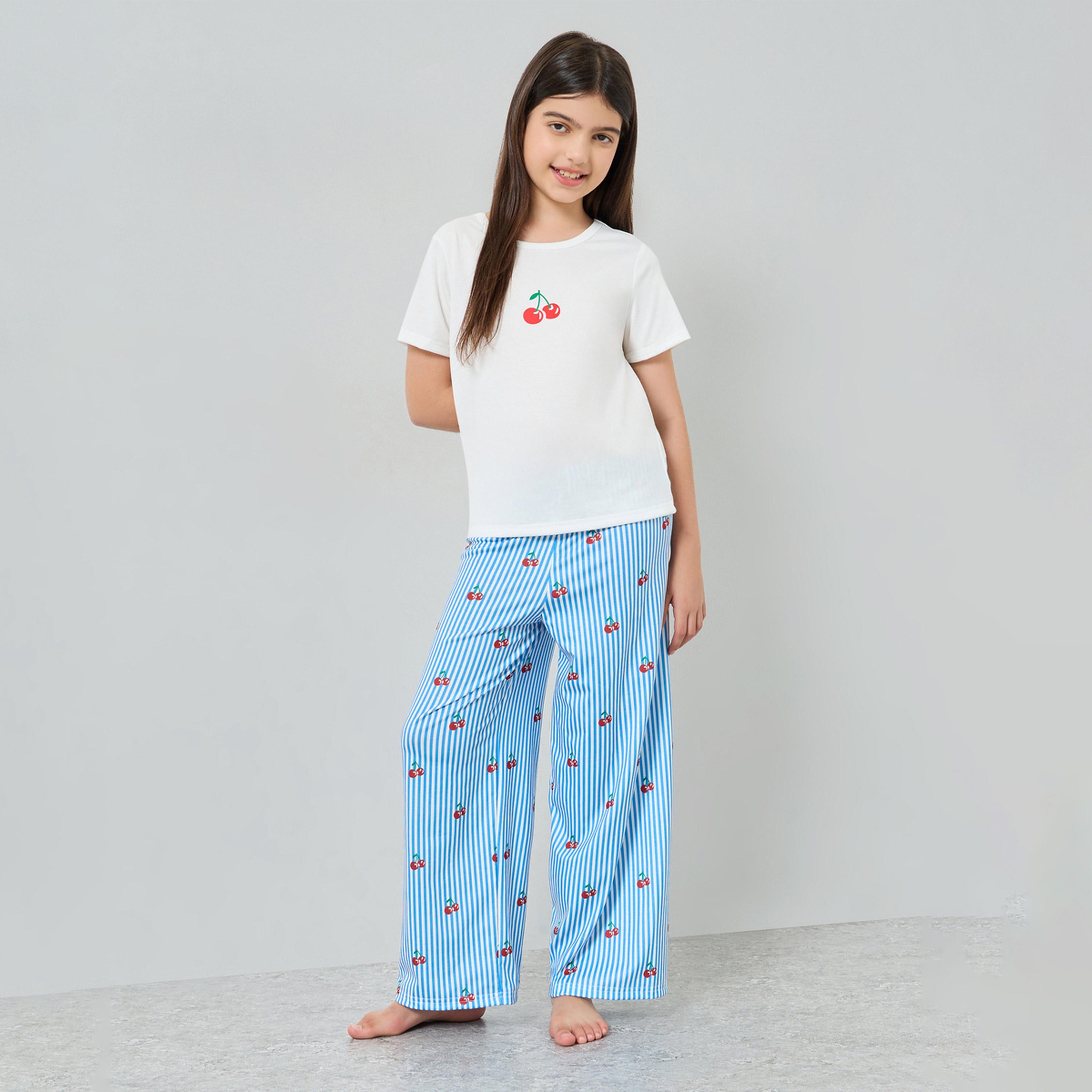 Styli Teen Girls Cherry Print T-Shirt and Striped Pyjama Set-girls-clothing-nightwear-image-1