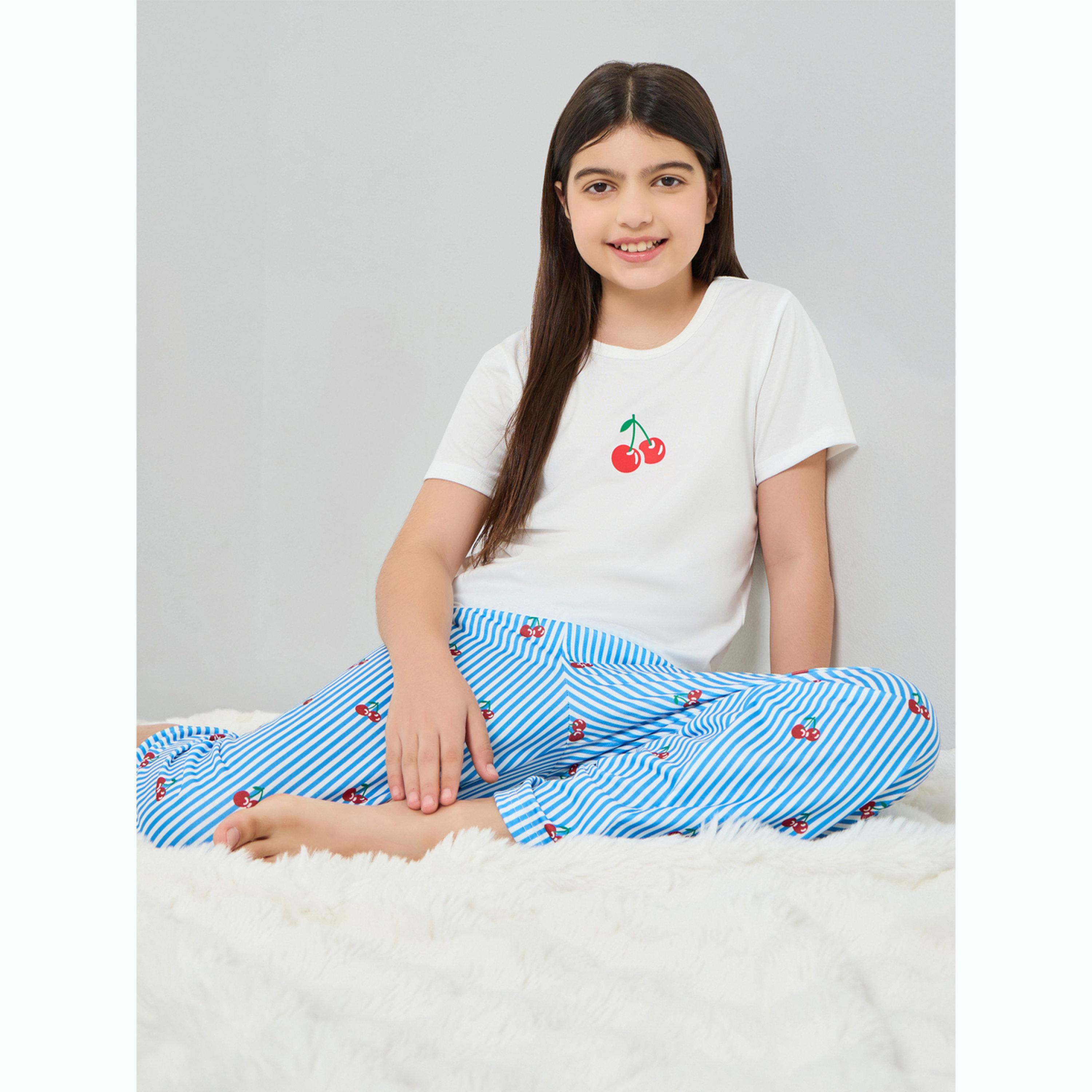 Styli Teen Girls Cherry Print T-Shirt and Striped Pyjama Set-girls-clothing-nightwear-image-2