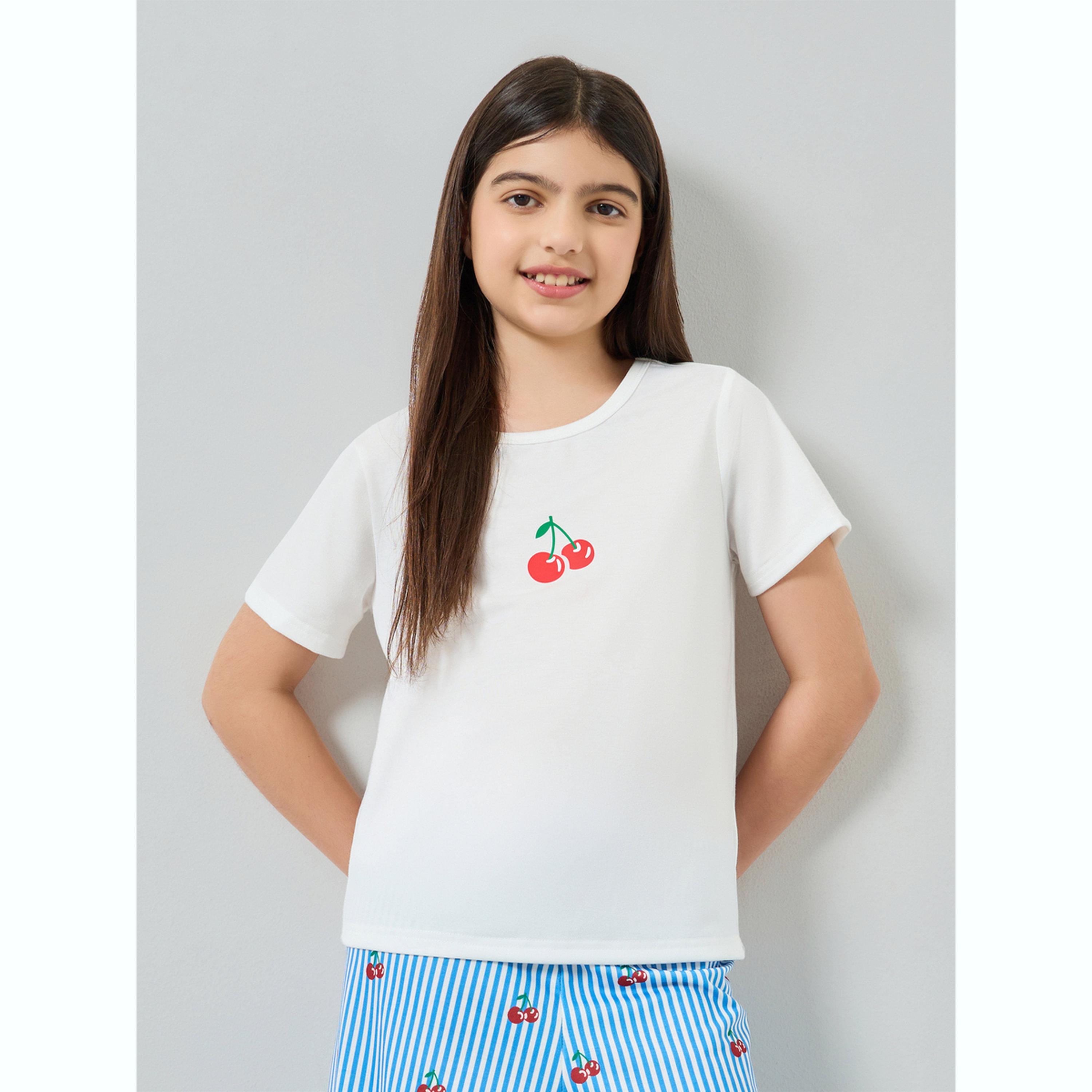 Styli Teen Girls Cherry Print T-Shirt and Striped Pyjama Set-girls-clothing-nightwear-image-3