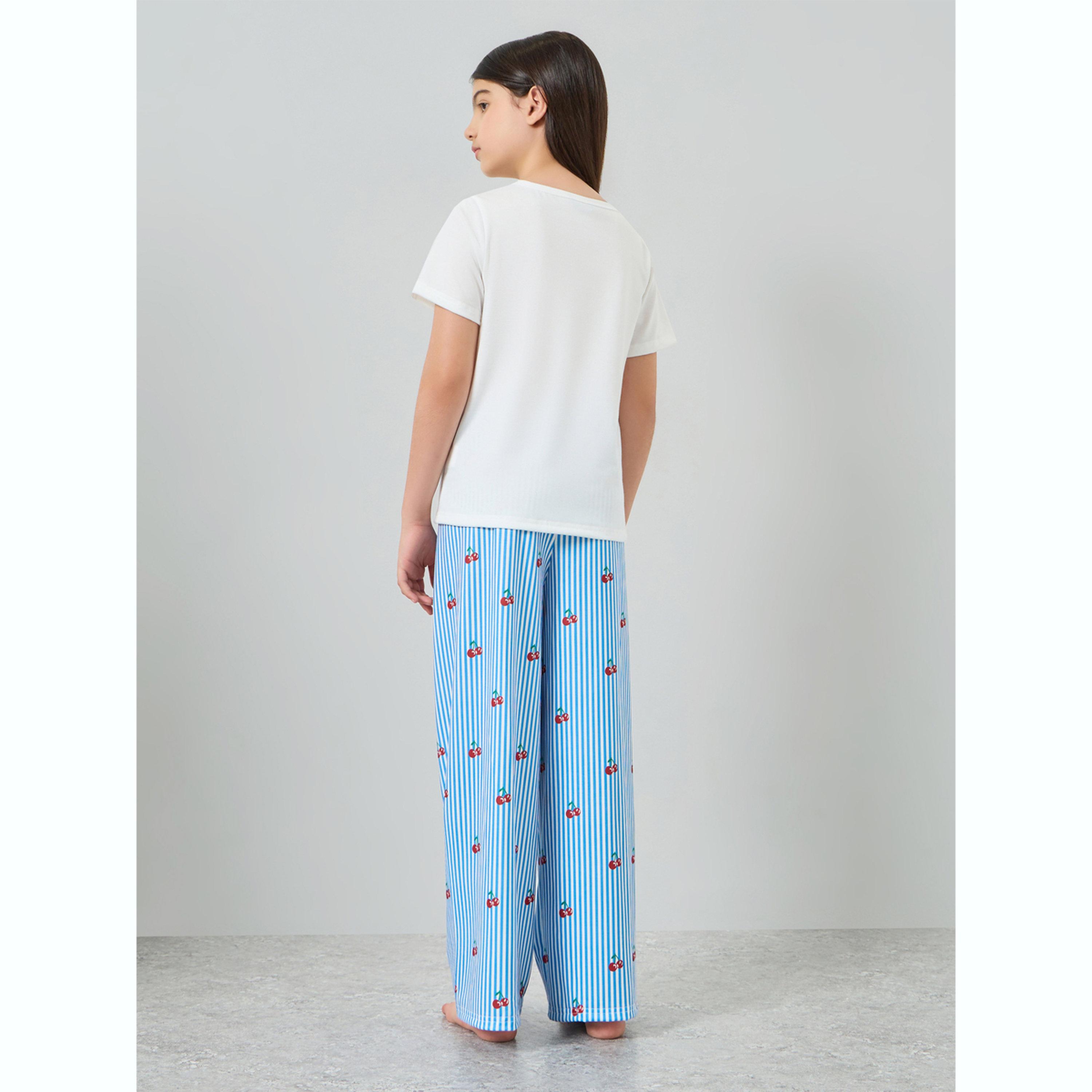 Styli Teen Girls Cherry Print T-Shirt and Striped Pyjama Set-girls-clothing-nightwear-image-4