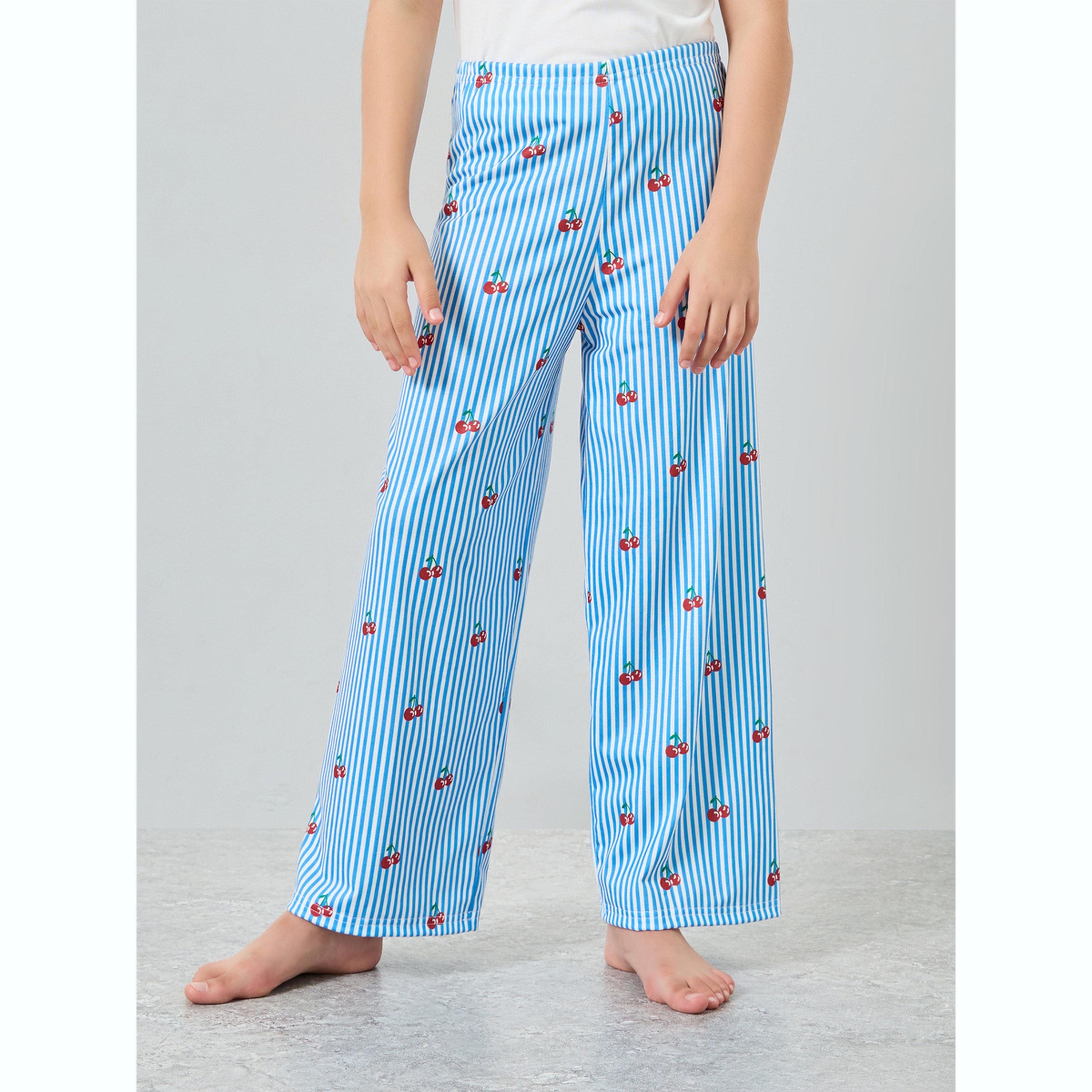 Styli Teen Girls Cherry Print T-Shirt and Striped Pyjama Set-girls-clothing-nightwear-image-5
