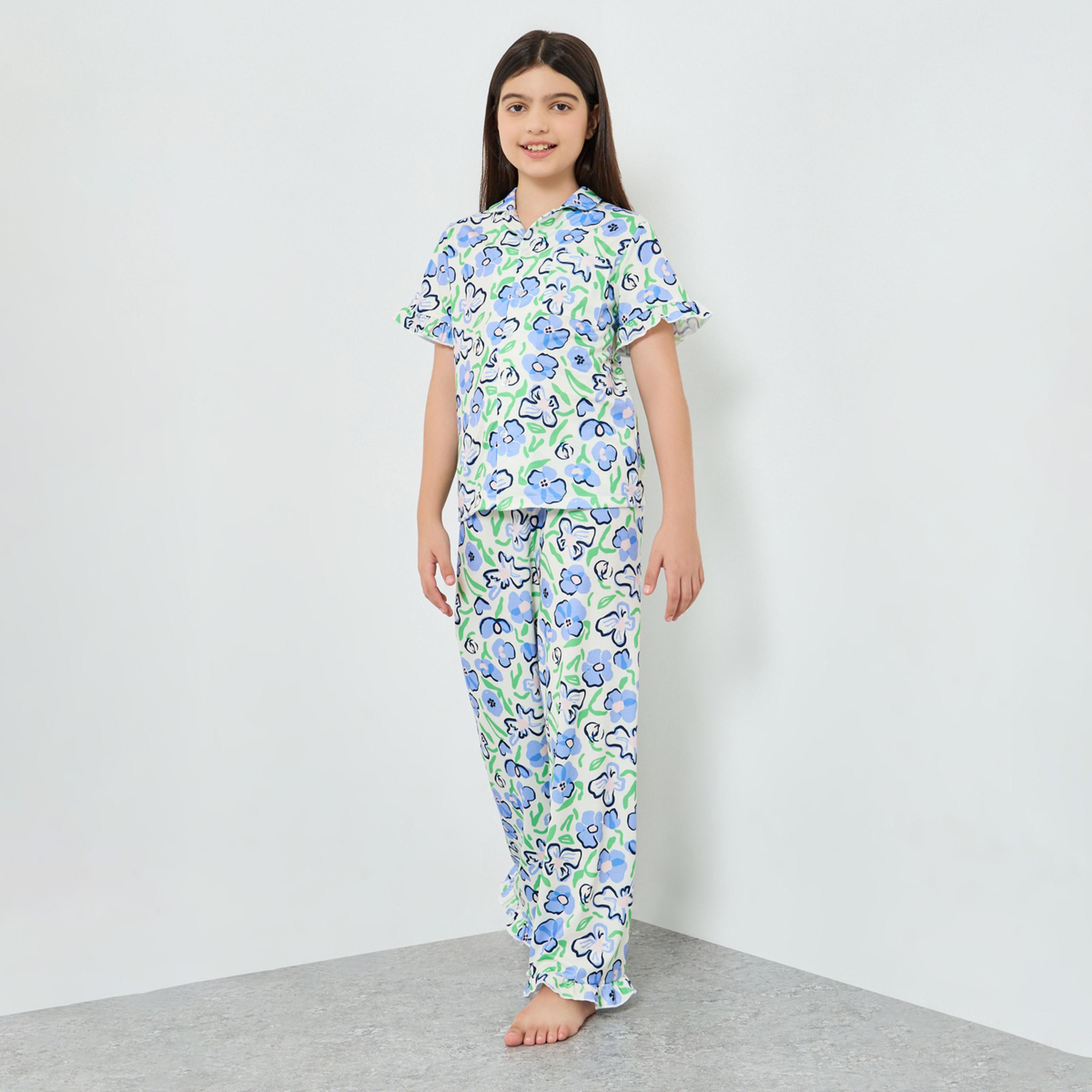 Styli Teen Girls All Over Print Shirt and Pyjama Set-girls-clothing-nightwear-image-1