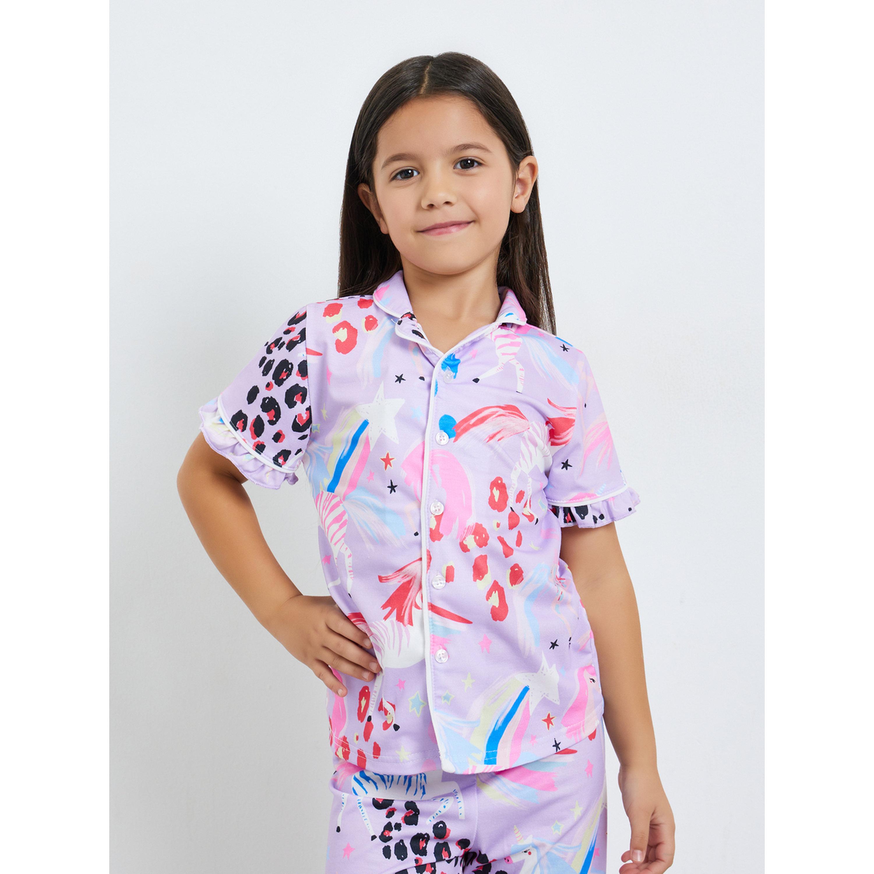 Styli Girls Unicorn Print Shirt and Pyjama Set-girls-clothing-nightwear-image-3