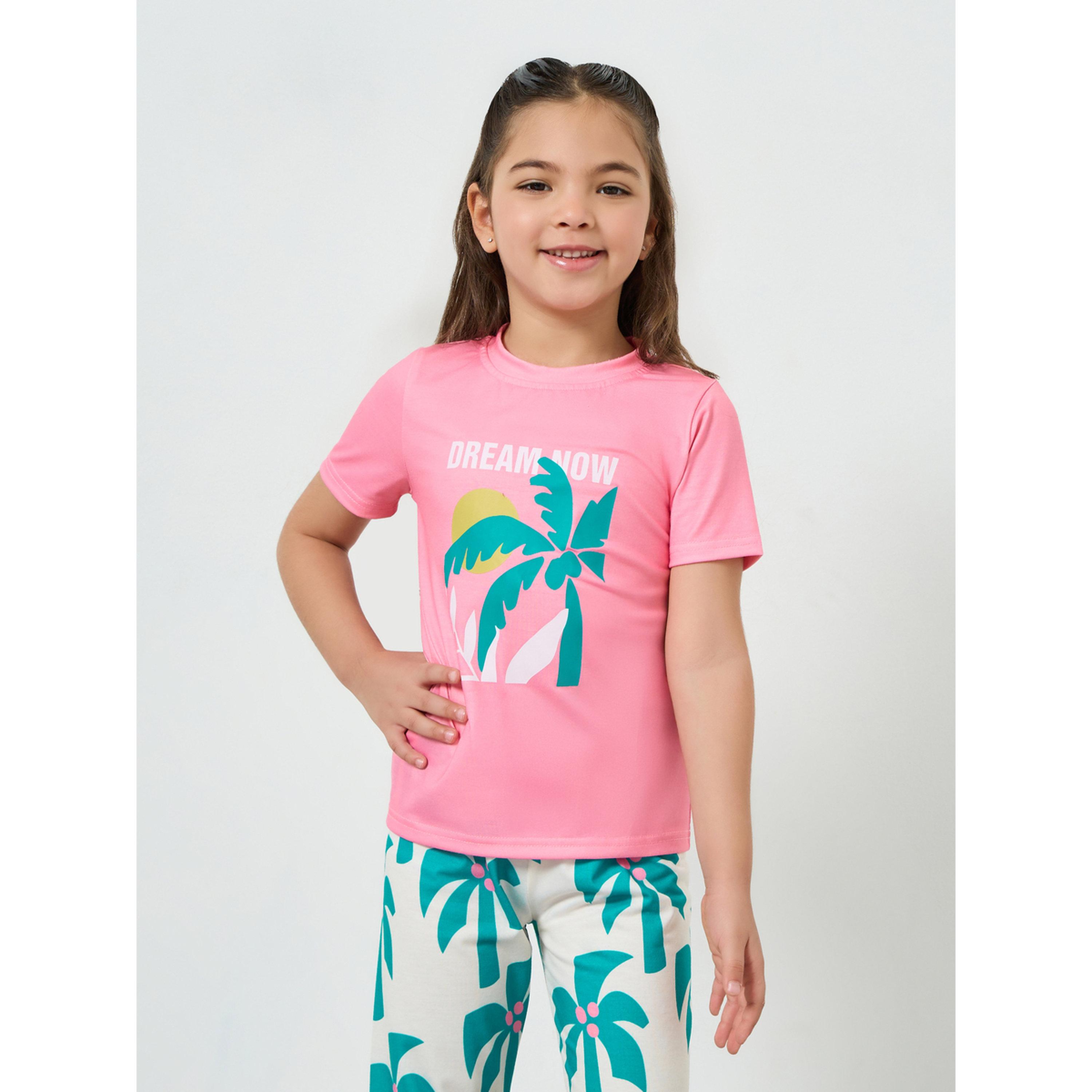 طقم بيجاما من بنطال وتيشيرت للبنات بأكمام قصيرة ومطبع-girls-clothing-nightwear-image-3