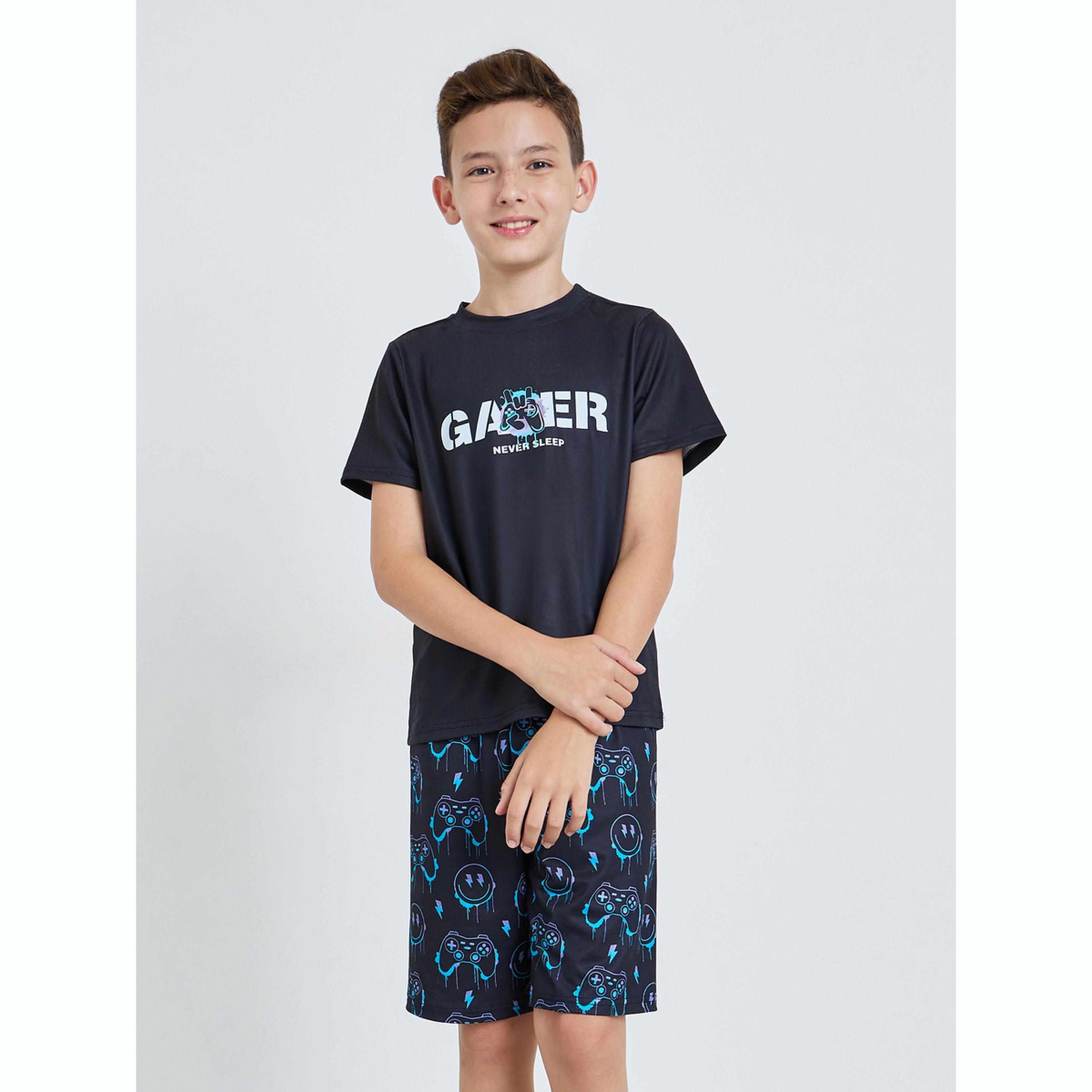 مجموعة للأولاد المراهقين من شورت وتيشيرت مطبوع-boys-clothing-nightwear-image-1