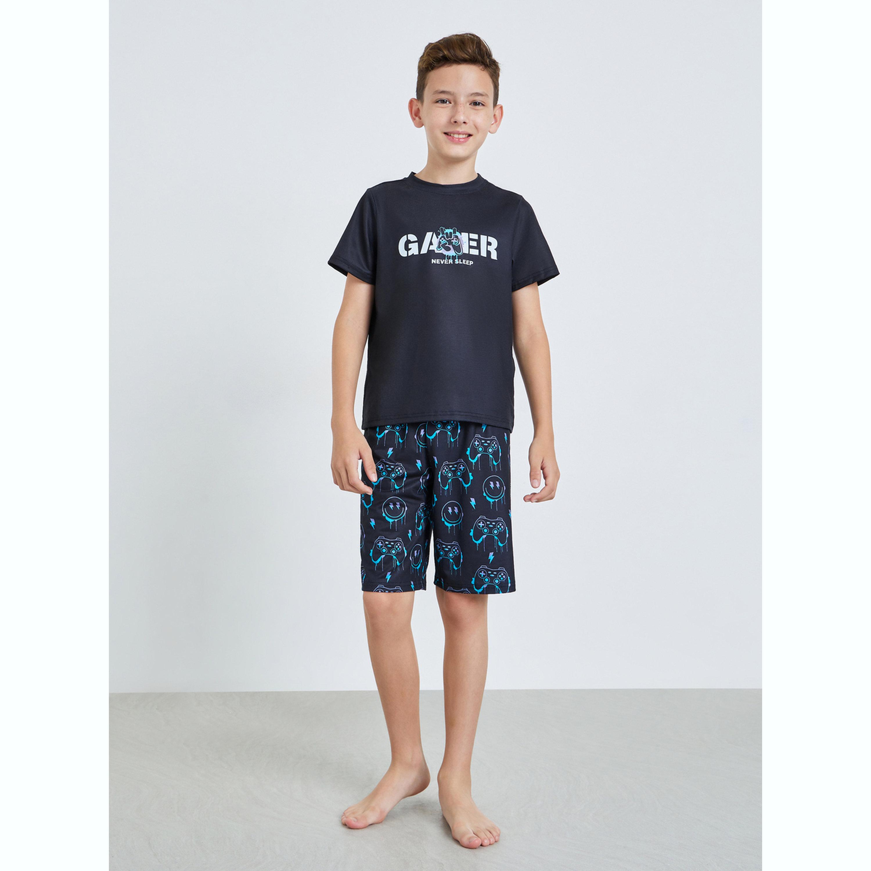 مجموعة للأولاد المراهقين من شورت وتيشيرت مطبوع-boys-clothing-nightwear-image-2