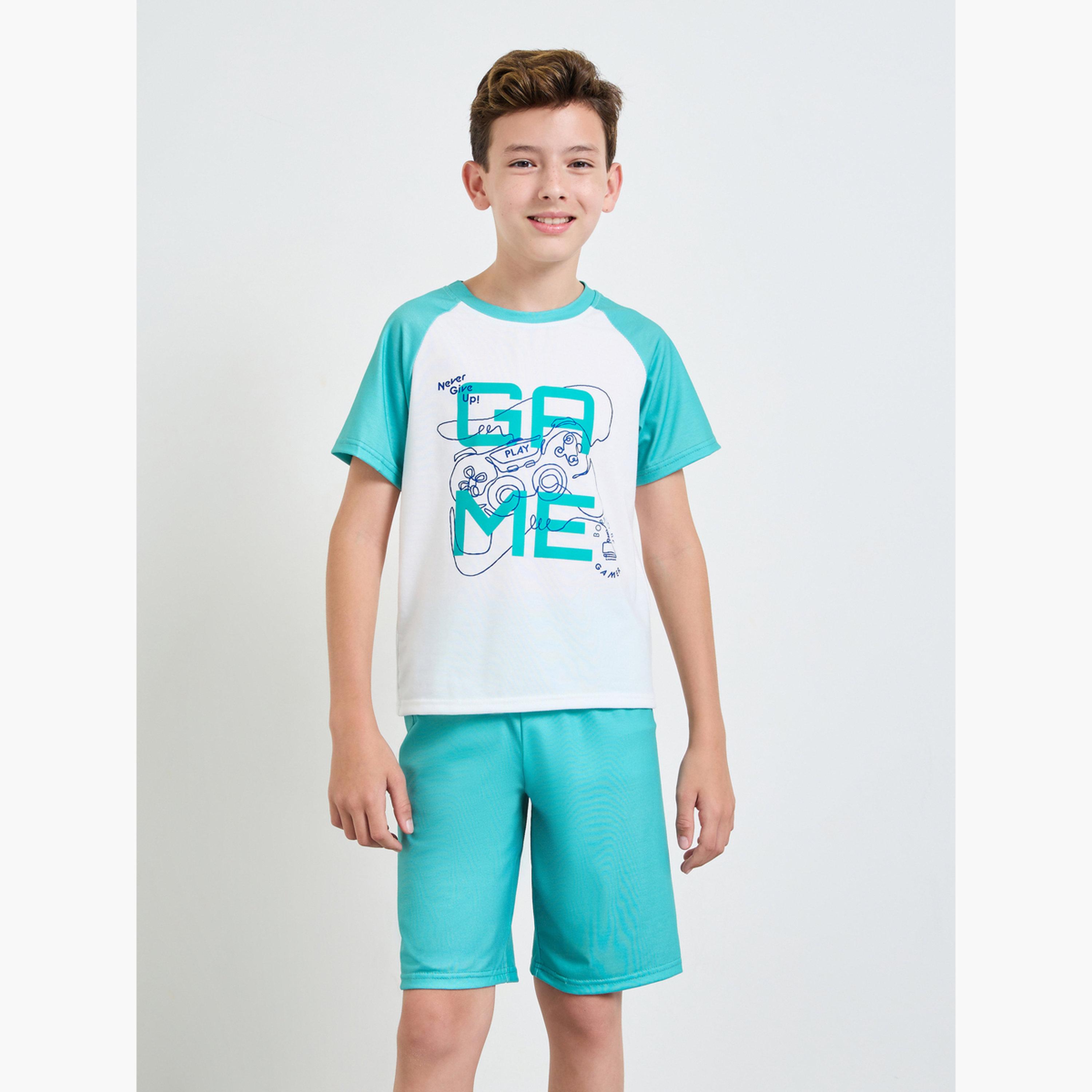 Styli Boys Printed Raglan Sleeve T-Shirt and Shorts Pyjama Set-boys-clothing-nightwear-image-1