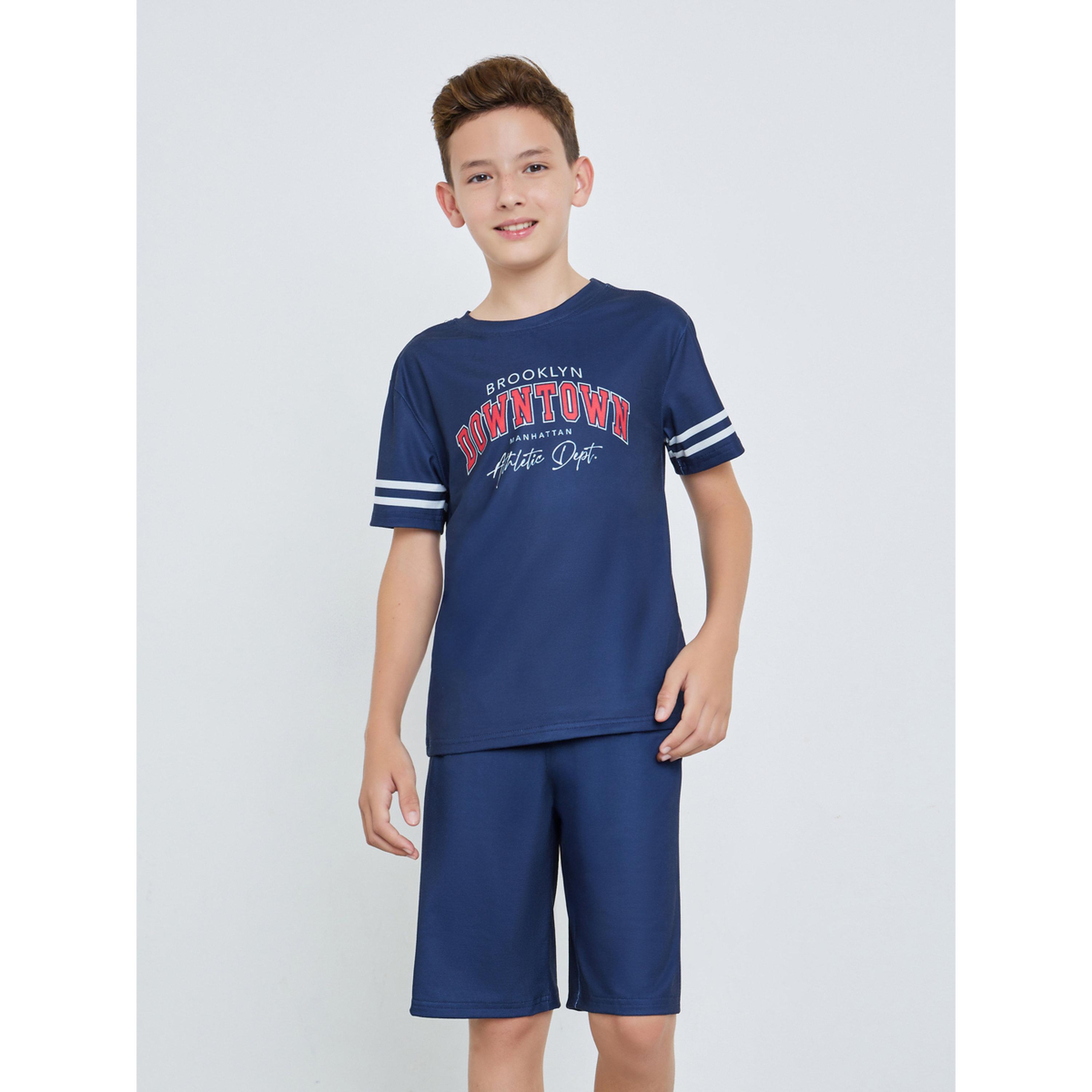 طقم بيجاما من شورت وتيشيرت مطبوع بأكمام قصيرة للأطفال لون كحلي-boys-clothing-nightwear-image-1
