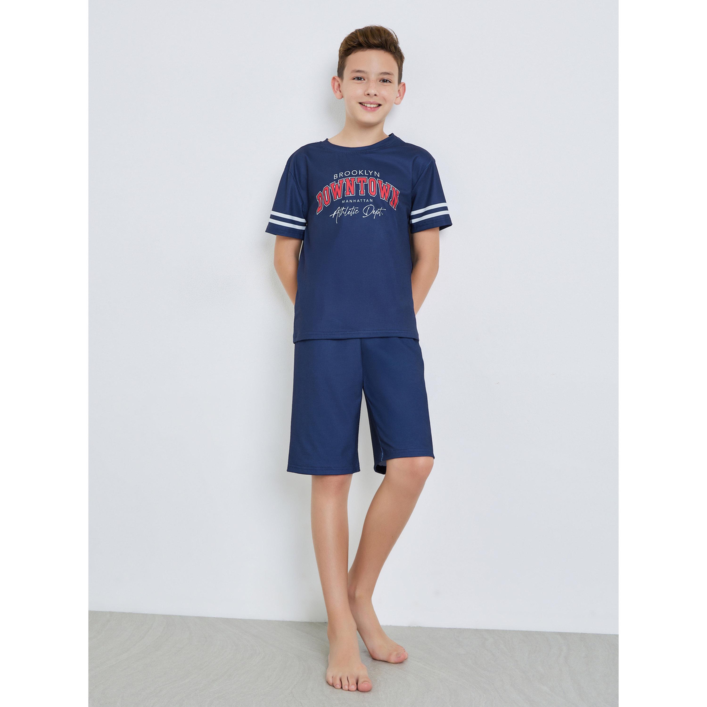 Styli Kids Navy Blue Printed Short Sleeve T-Shirt and Shorts Pyjama Set-boys-clothing-nightwear-image-2
