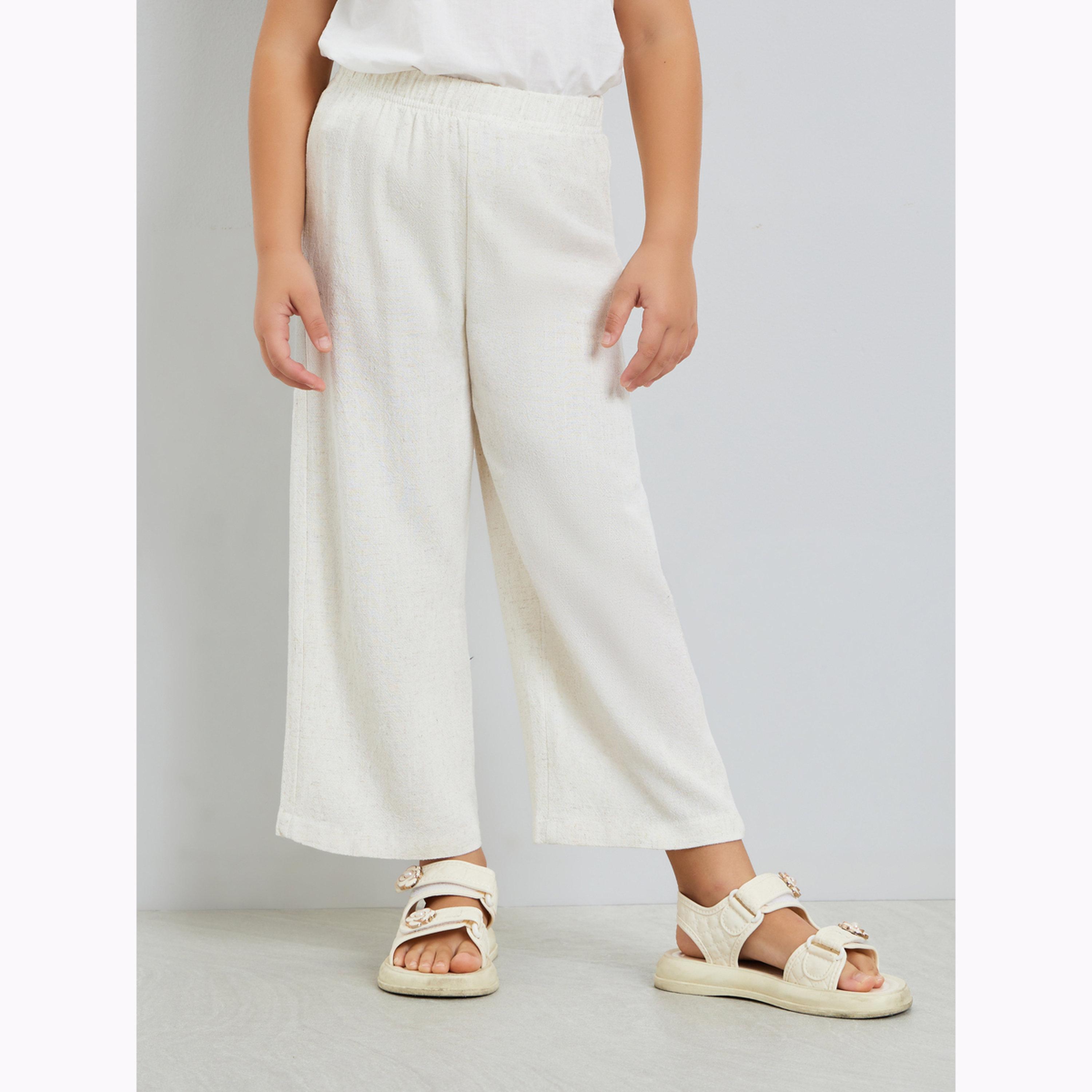 بنطال كتان للبنات بأرجل واسعة لون بيج-girls-clothing-bottoms-trousers-image-1