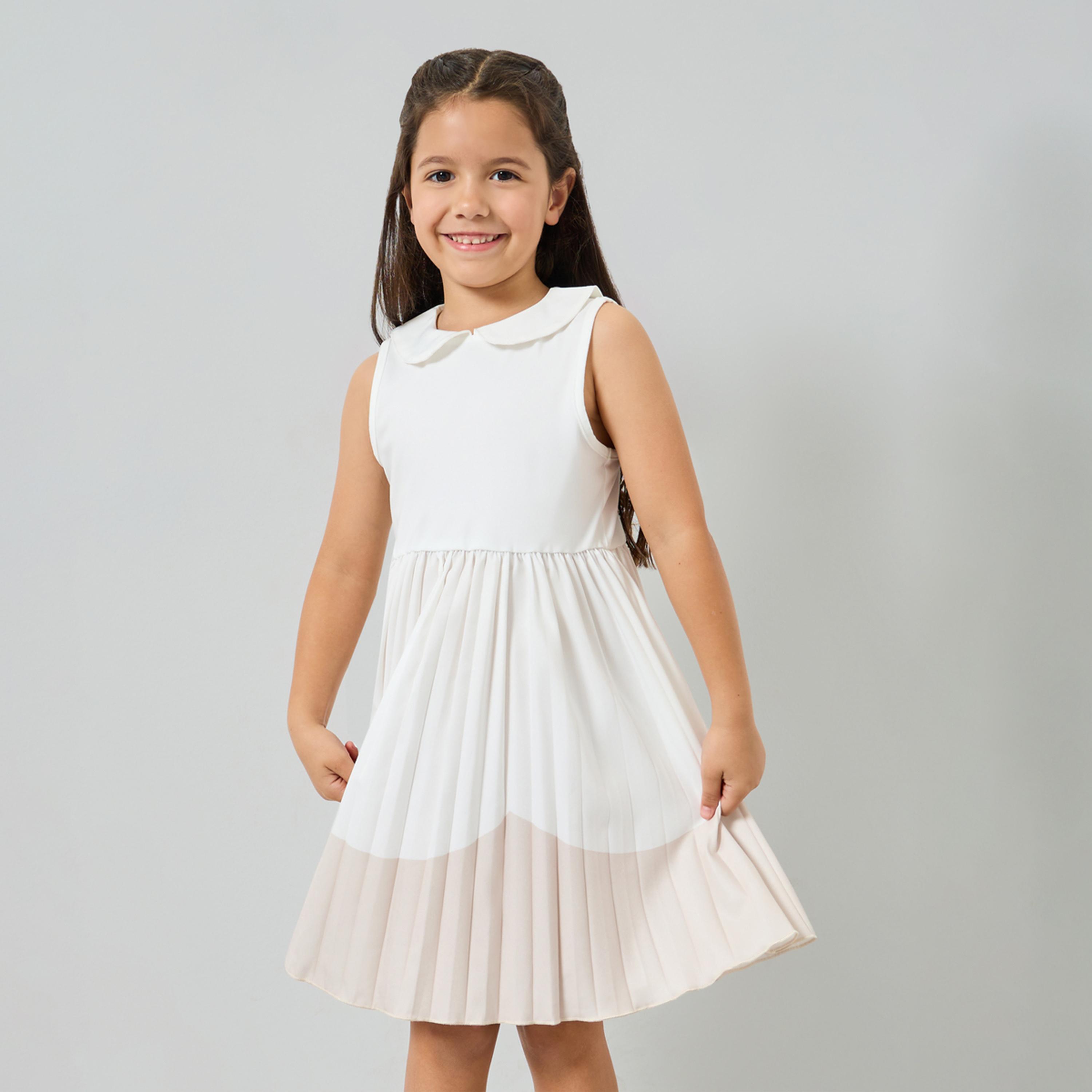 Styli Girls White Contrast Hem Sleeveless Dress-girls-clothing-dressesandjumpsuits-image-1